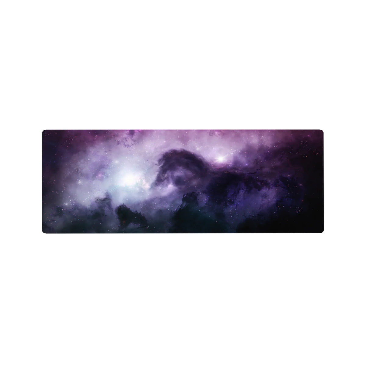 Violet nebula stardust desk mouse pad 32x12 inches with speckled stars and dreamy cosmic haze.
