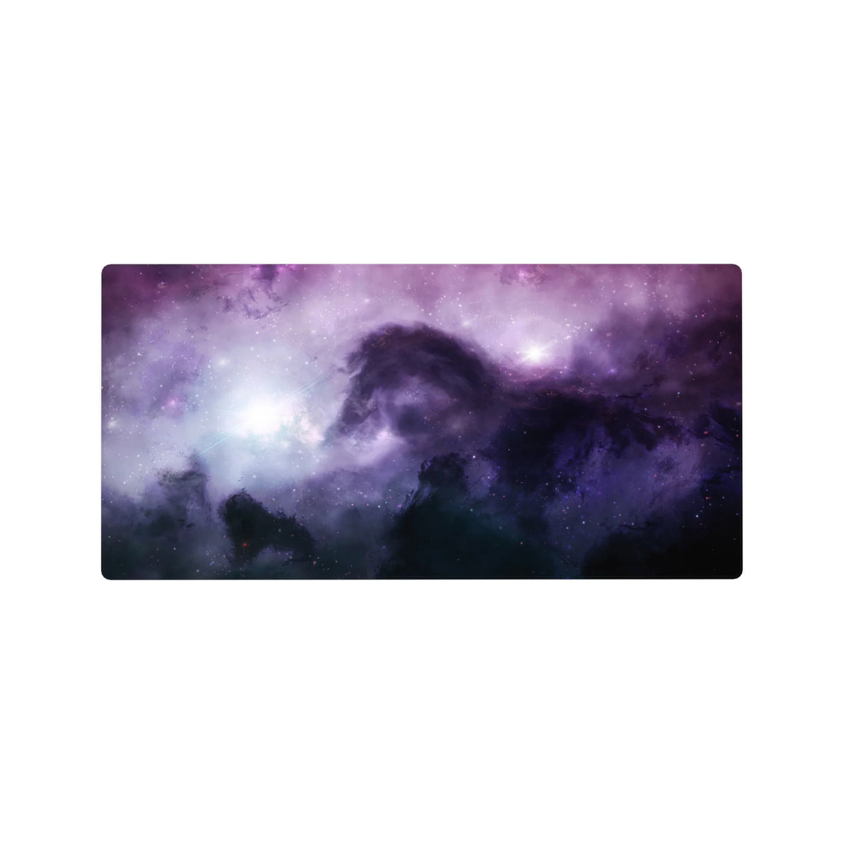 Violet nebula stardust desk mouse pad 32x16 inches, dreamy cosmic sky with speckled stars.