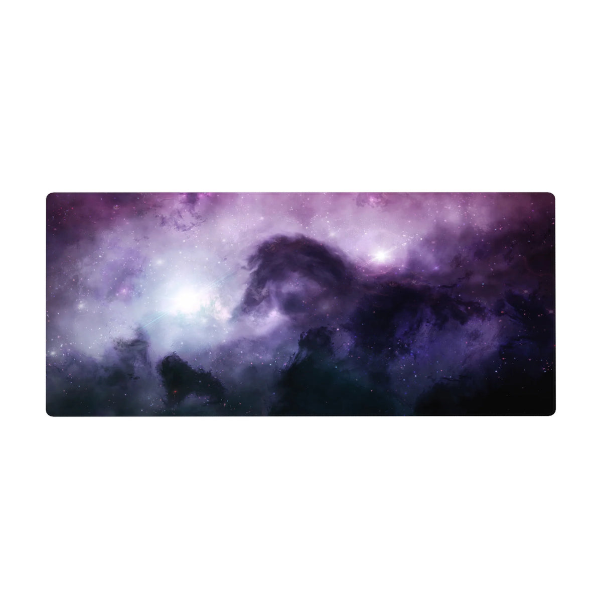 Violet nebula stardust desk pad with speckled stars and hidden horse silhouette, 36x16 inches.
