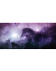 Violet nebula stardust desk pad with speckled stars and hidden horse silhouette, 36x16 inches.