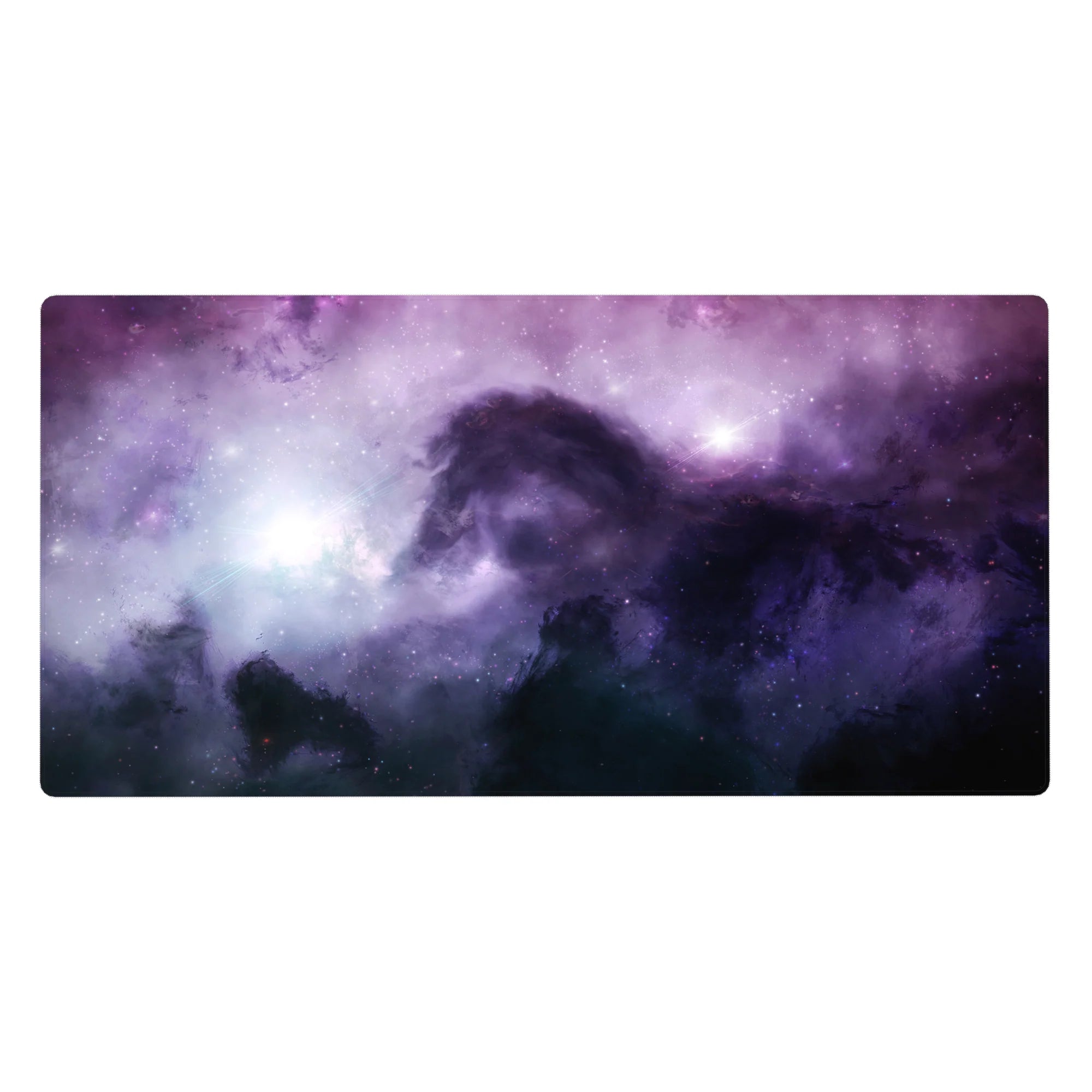 Violet nebula stardust desk pad with speckled stars, 40x20 inches.