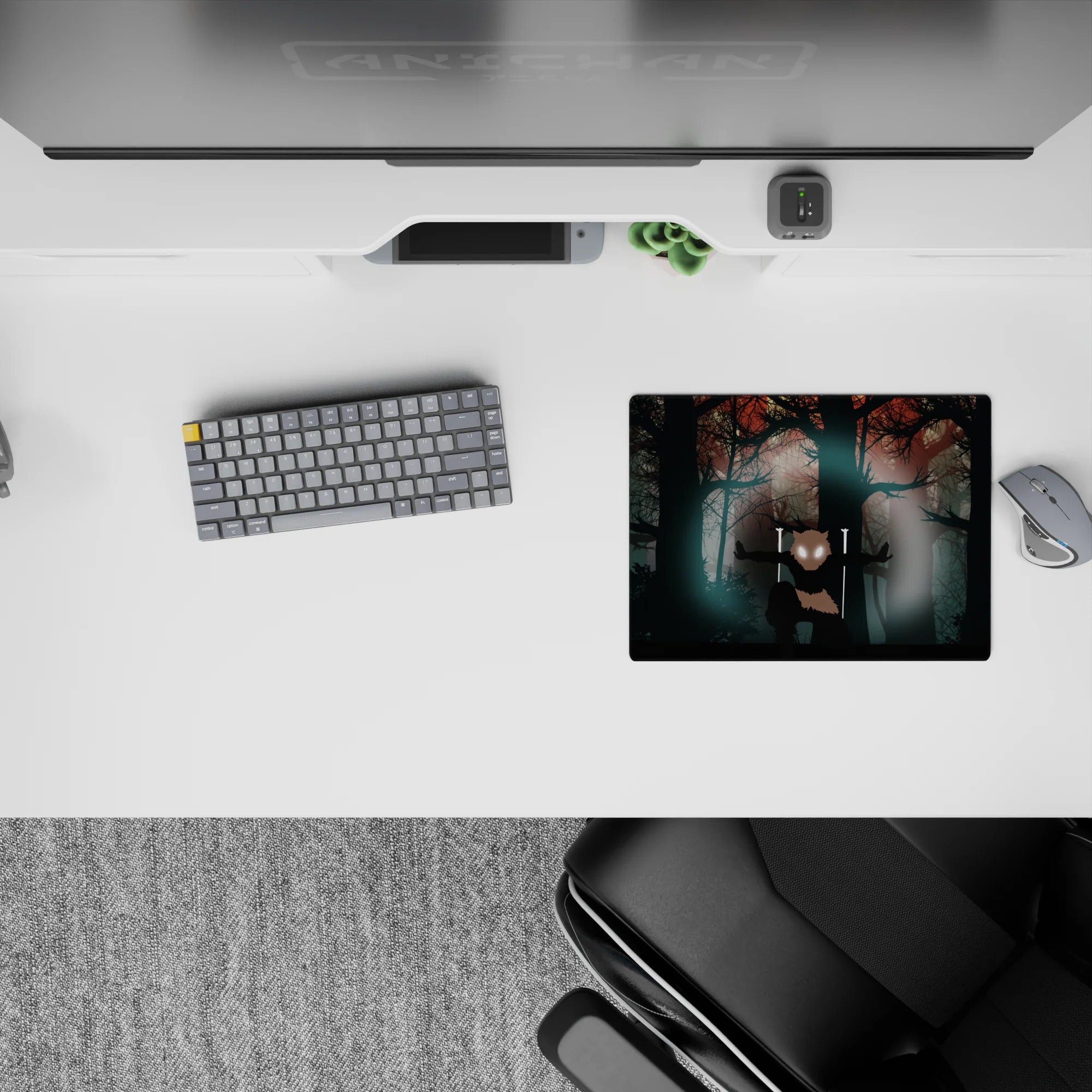 Anime mouse pad 14x10 inches featuring Inosuke from Demon Slayer, with boar mask amid misty, blood-orange skies.