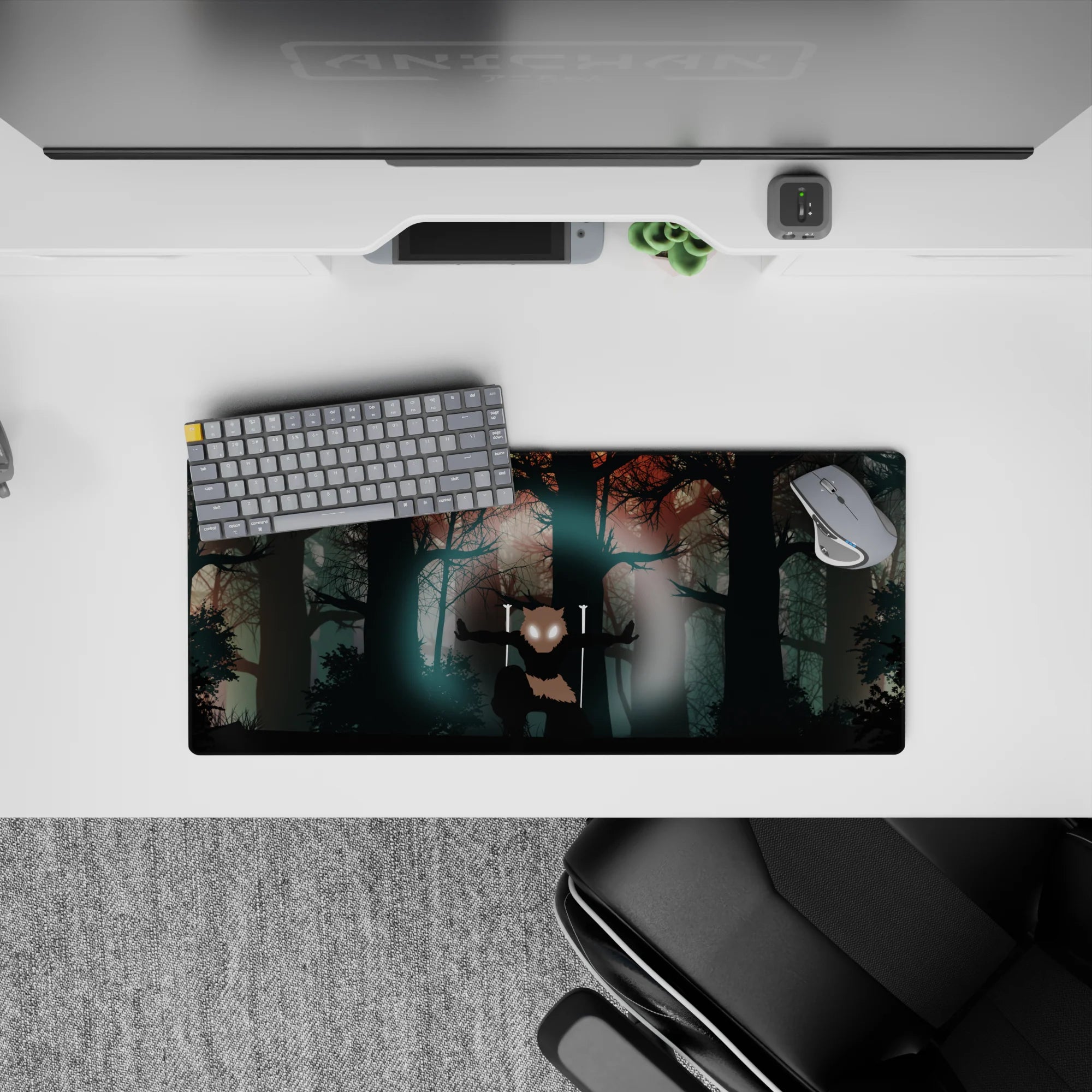 Anime mouse pad 28x12 inches featuring Inosuke from Demon Slayer, boar mask in misty forest under blood-orange skies.