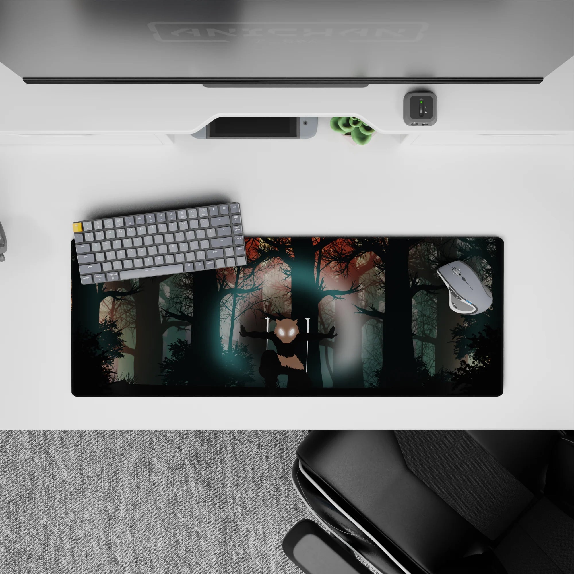 Anime mouse pad 32x12 inches featuring Inosuke from Demon Slayer with boar mask, misty forest, and blood-orange skies.