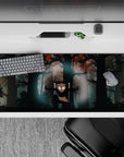 Anime desk pad 36x16 inches featuring Inosuke from Demon Slayer, with boar mask, eerie silhouettes, and blood-orange skies.
