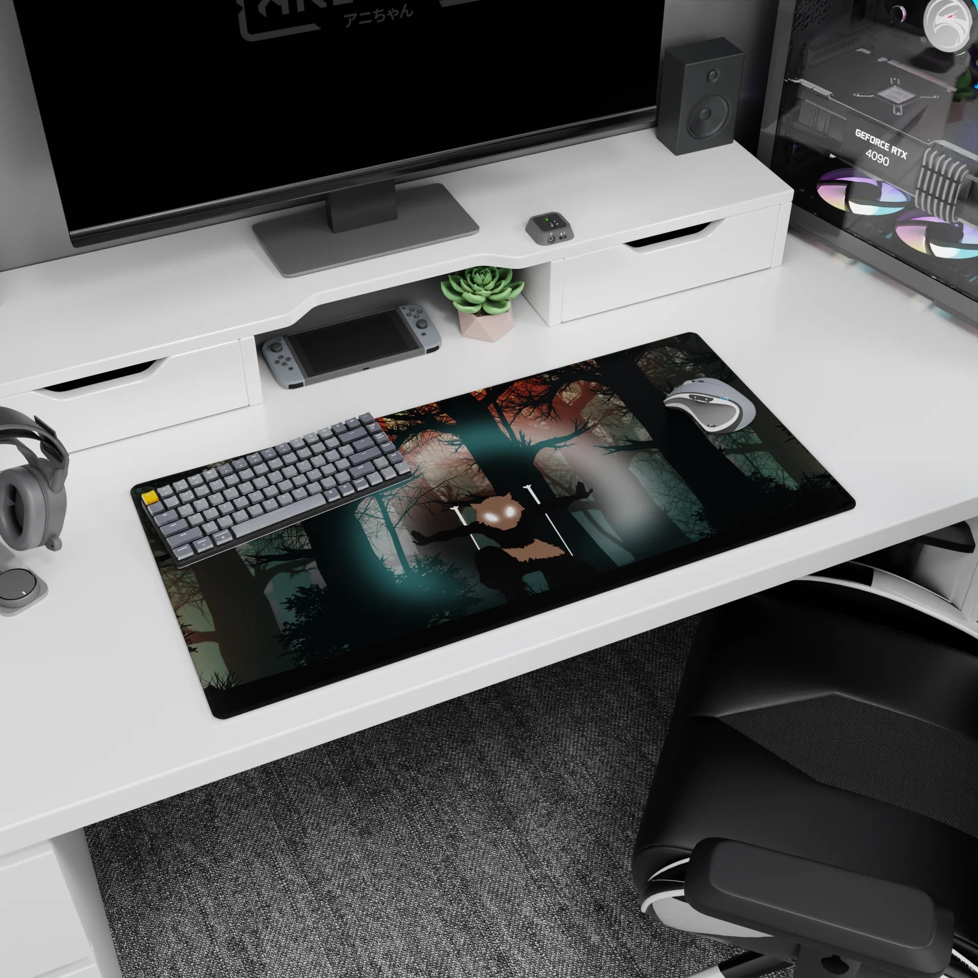 Anime mouse pad 32x16 inches featuring Inosuke from Demon Slayer with boar mask, eerie silhouettes, and blood-orange skies.