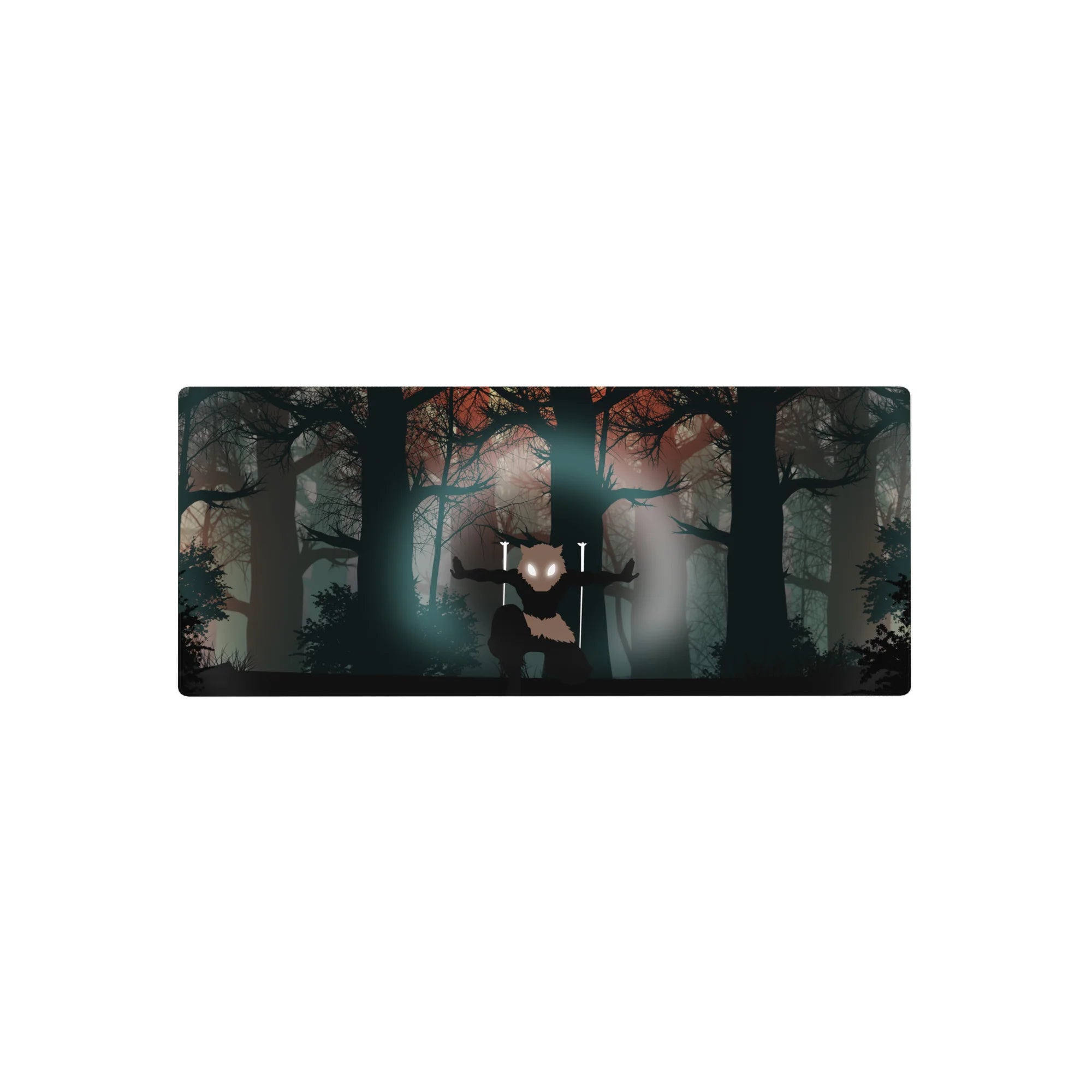 Anime mouse pad 28x12 inches featuring Inosuke from Demon Slayer, showcasing his boar mask amidst mist and eerie silhouettes.
