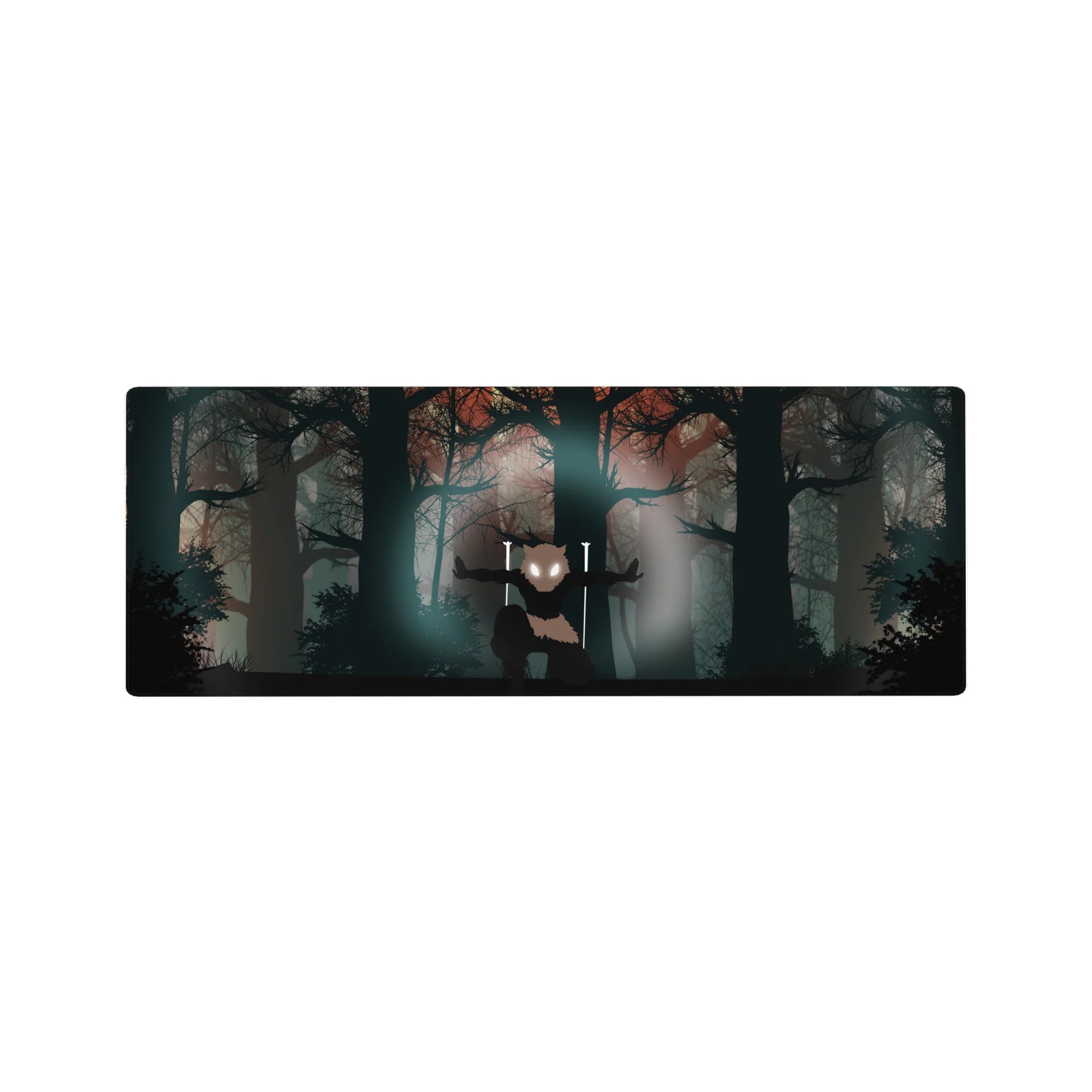 Anime mouse pad 32x12 inches featuring Inosuke from Demon Slayer, showcasing his boar mask amidst misty, eerie silhouettes.