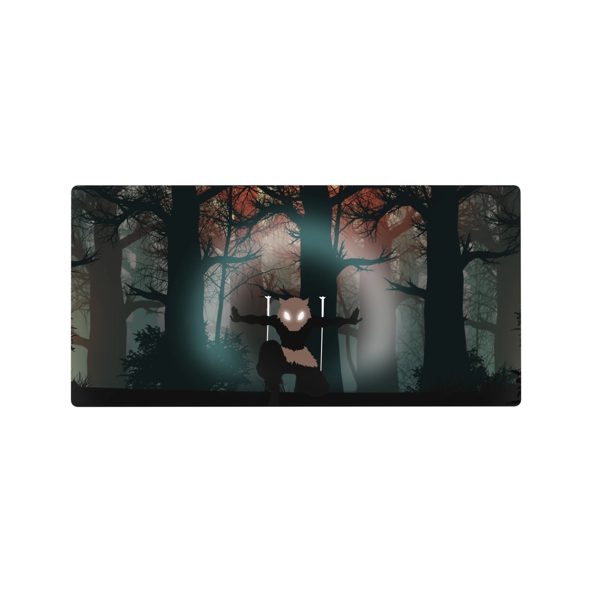 Anime mouse pad 32x16 inches featuring Inosuke from Demon Slayer with his iconic boar mask amidst eerie silhouettes.