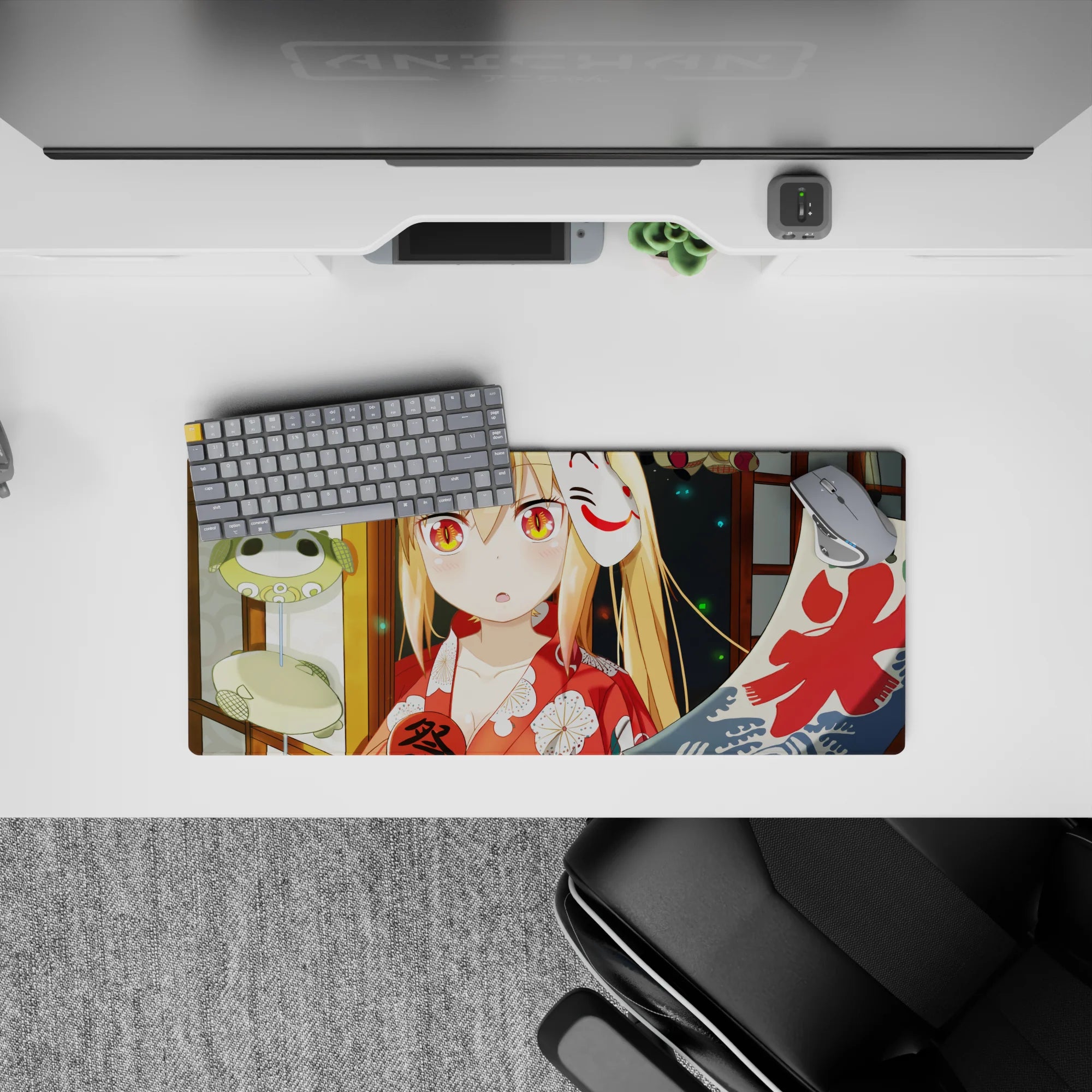 28x12 inches anime girl mouse pad in warm matsuri glow, lantern greens, wood tones, and fiery orange eyes.