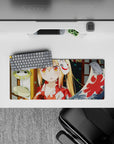 28x12 inches anime girl mouse pad in warm matsuri glow, lantern greens, wood tones, and fiery orange eyes.
