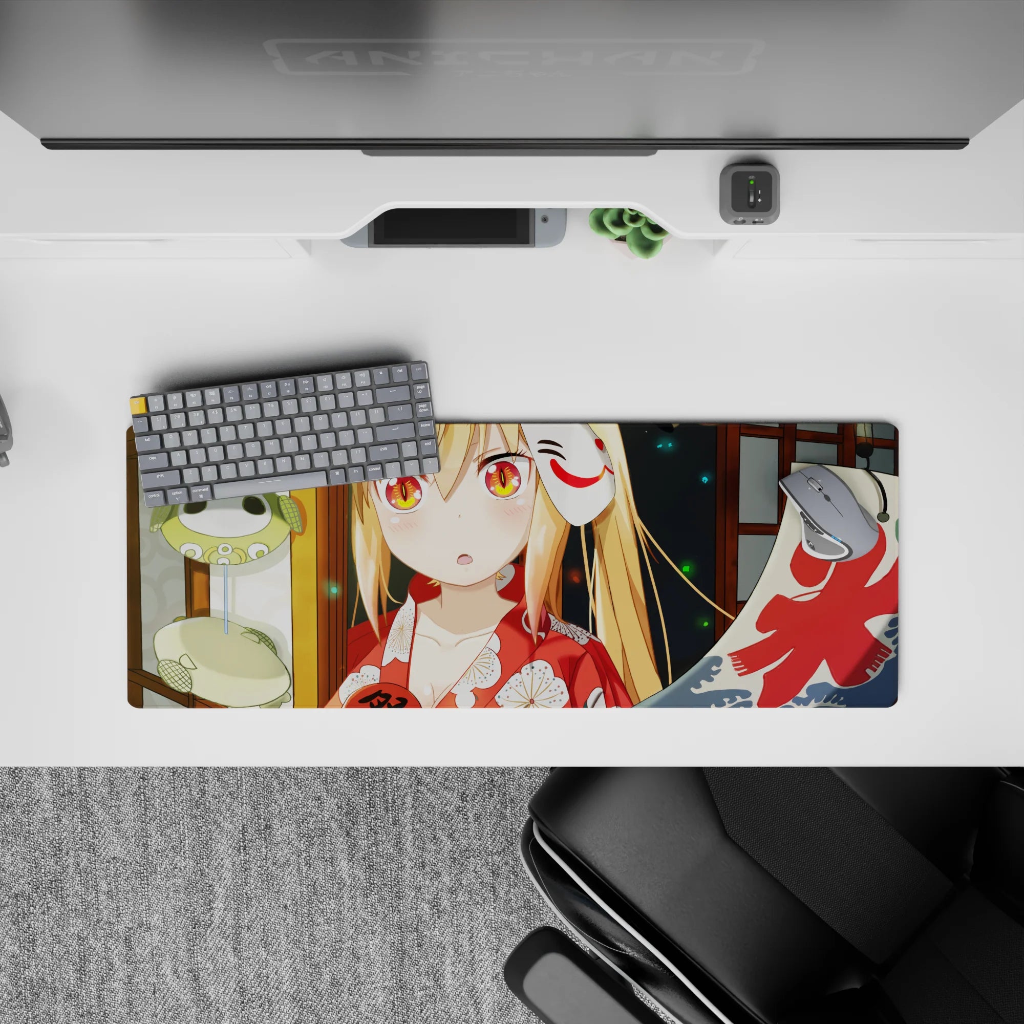 Warm matsuri mood anime desk mat mouse pad 32x12 inches in gold, orange, lantern green, and wood tones.