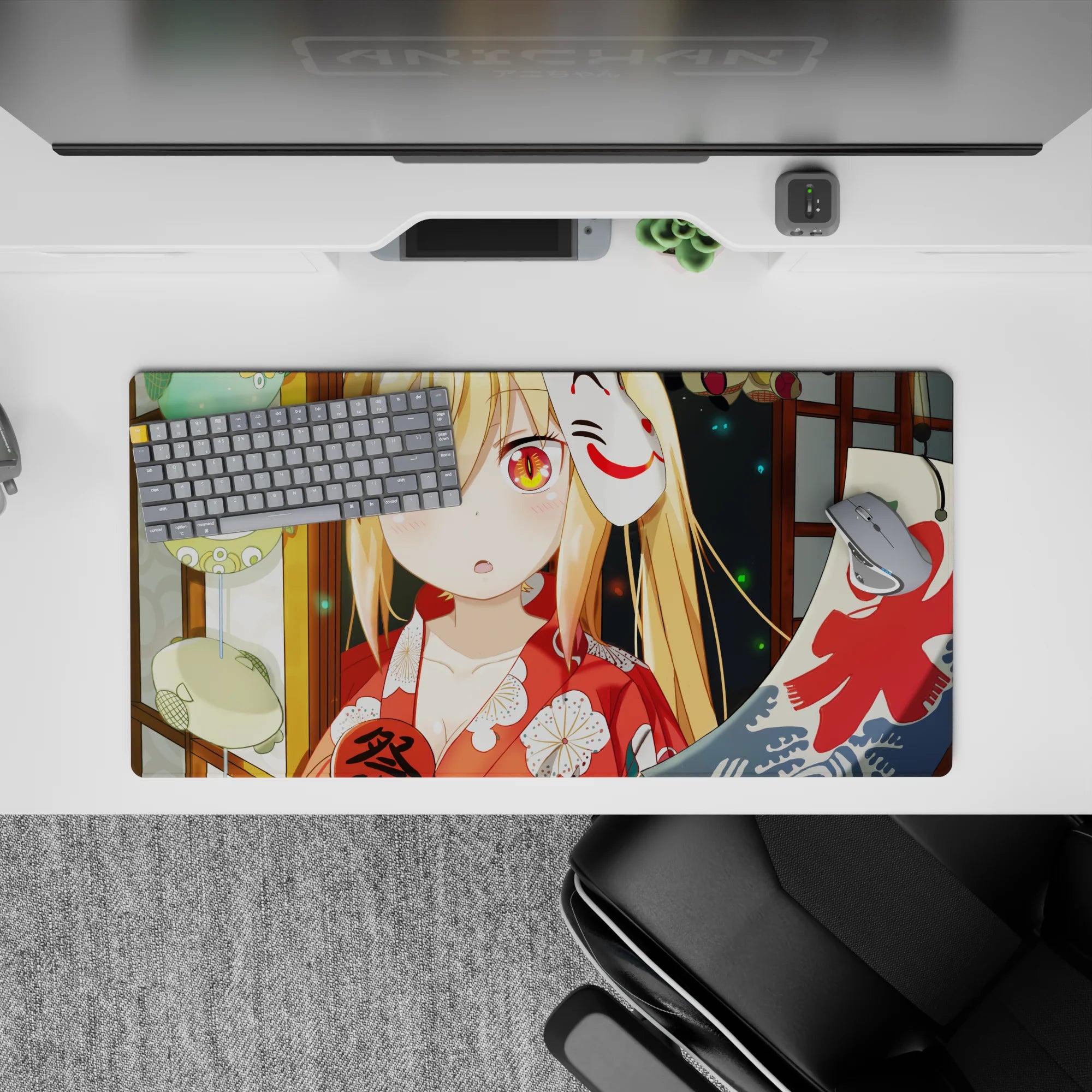 32x16 inches anime girl mouse pad in gold, orange, and lantern green for warm summer matsuri vibes.