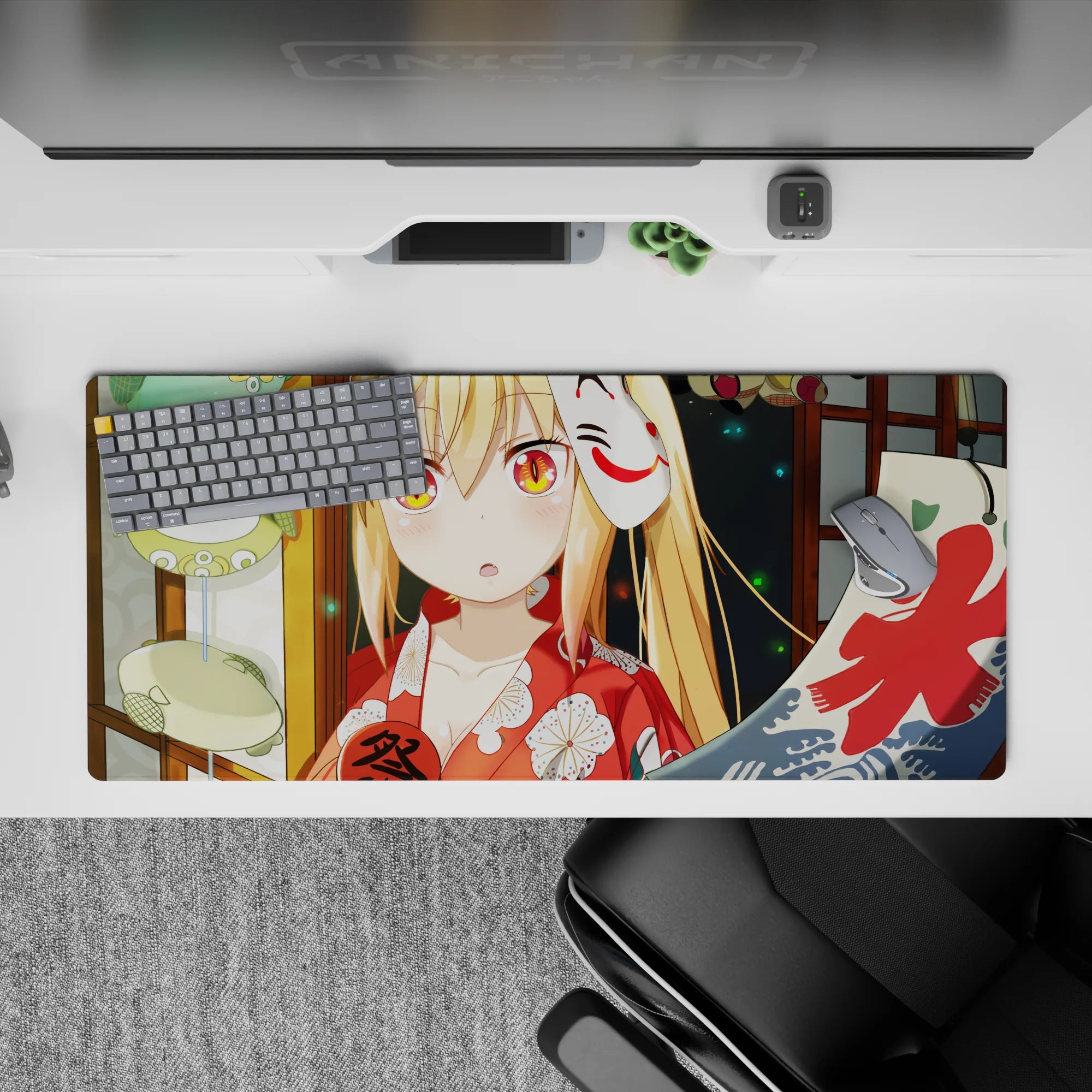 Cozy matsuri mood desk pad 36x16 inches in gold, orange, lantern green, and warm wood tones.