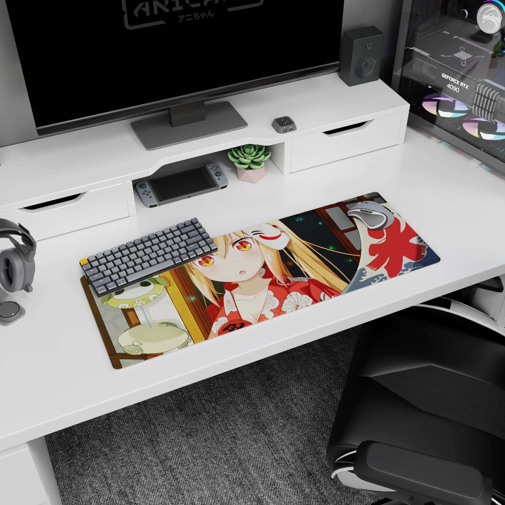 Blushing gold-haired anime girl with orange eyes and hidden fox mask on a 32x12 inches mouse pad.