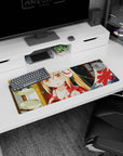 Blushing gold-haired anime girl with orange eyes and hidden fox mask on a 32x12 inches mouse pad.