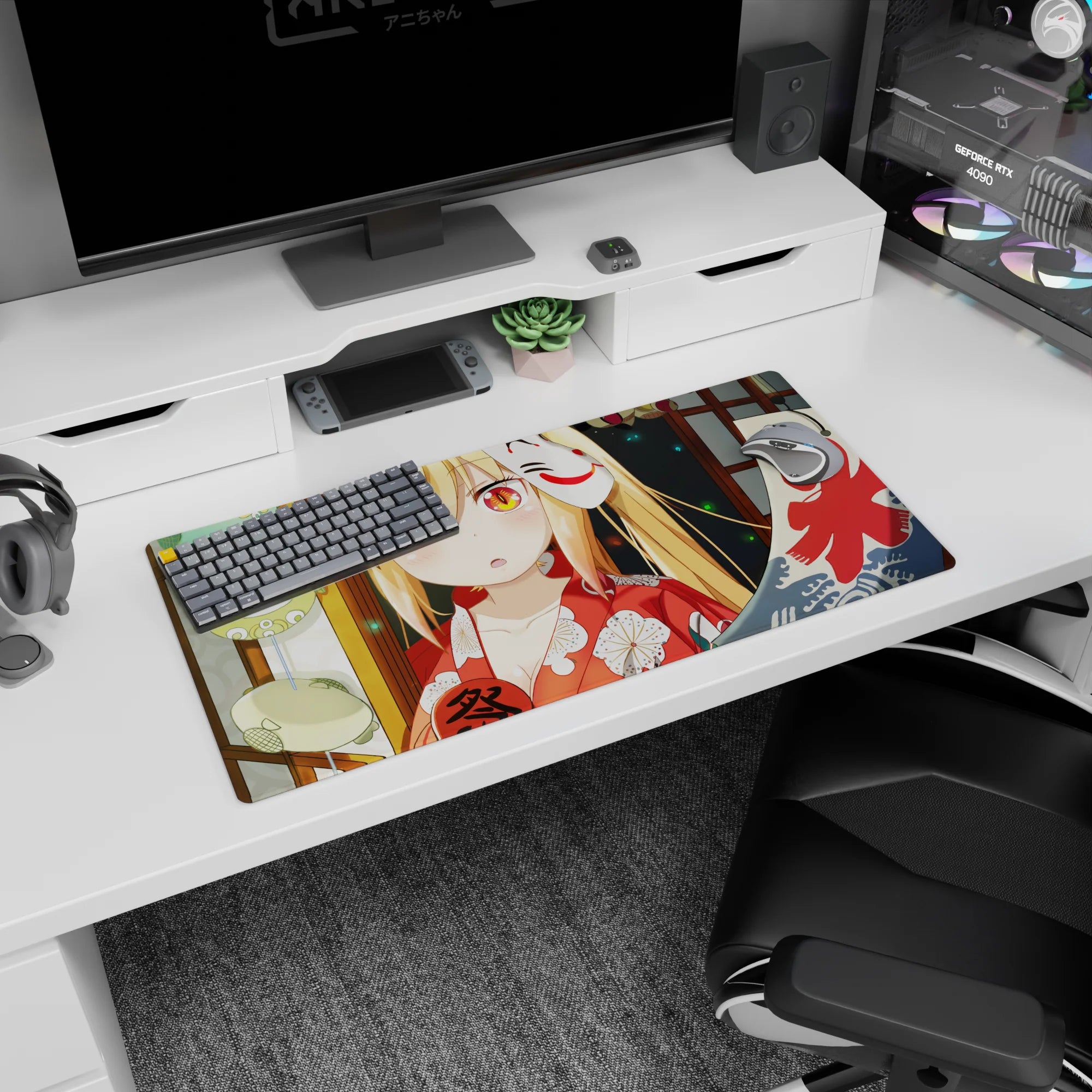 Shy blond anime girl with orange eyes and a tucked fox mask at a festival on a 32x16 inches mouse pad.