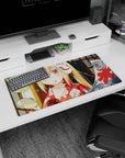 Shy blond anime girl with orange eyes and a tucked fox mask at a festival on a 32x16 inches mouse pad.