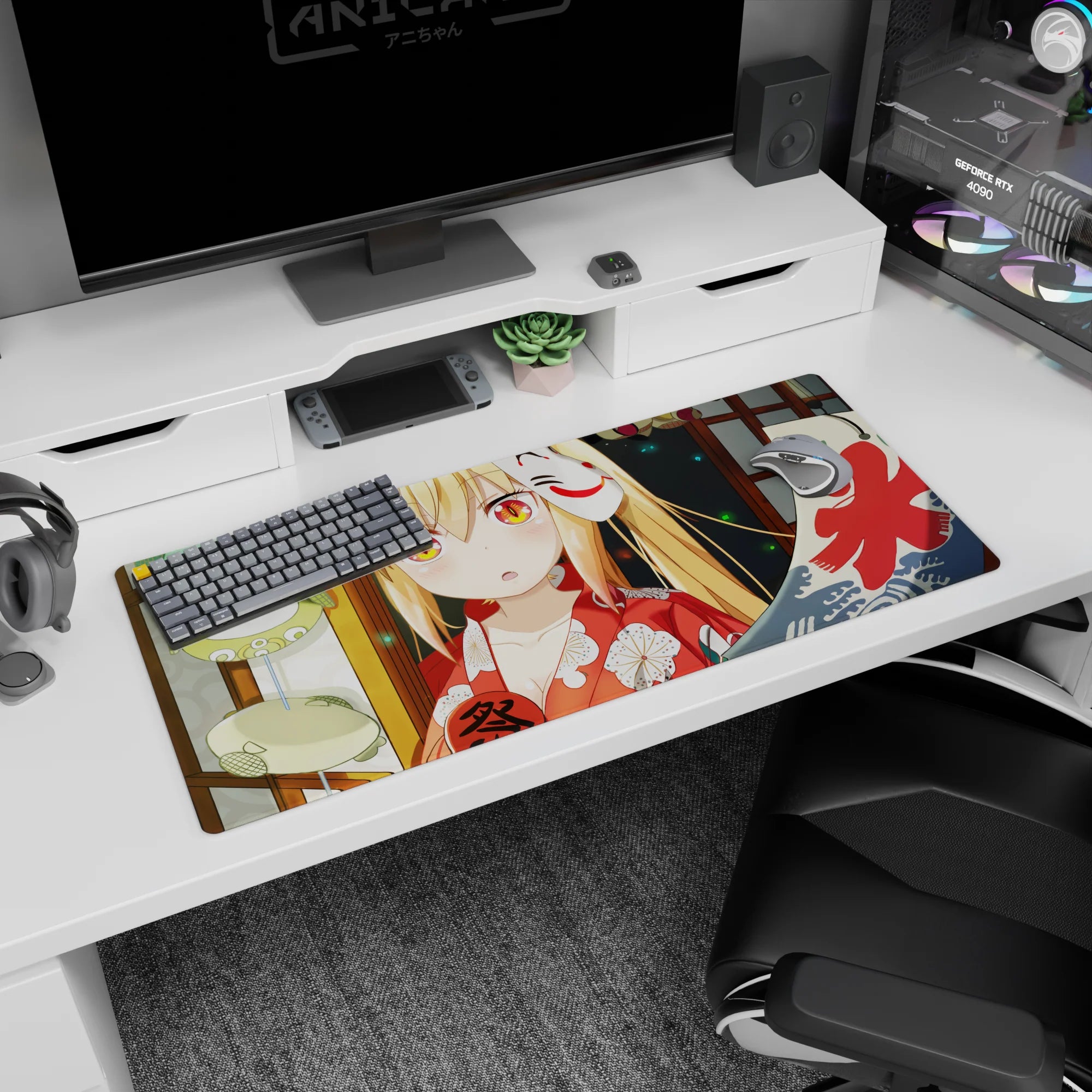 Blushing blonde anime girl with fiery orange eyes and fox mask at a summer festival desk pad 36x16 inches.