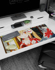 Blushing blonde anime girl with fiery orange eyes and fox mask at a summer festival desk pad 36x16 inches.