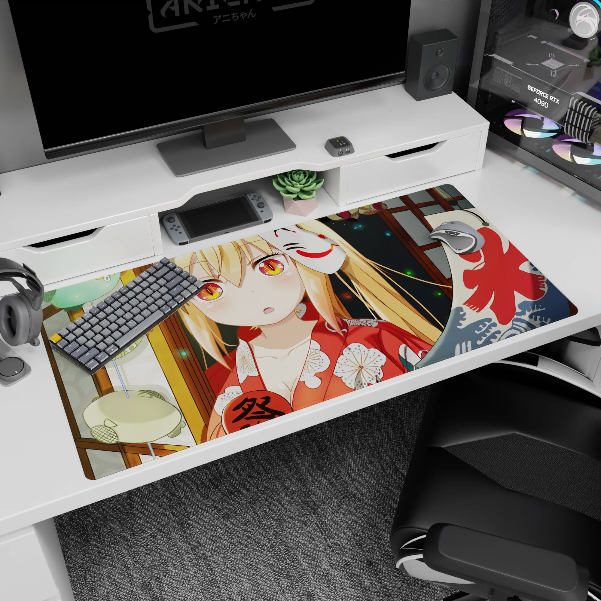 Shy blonde anime girl with orange eyes and a hidden fox mask on a 40x20 inches desk pad.