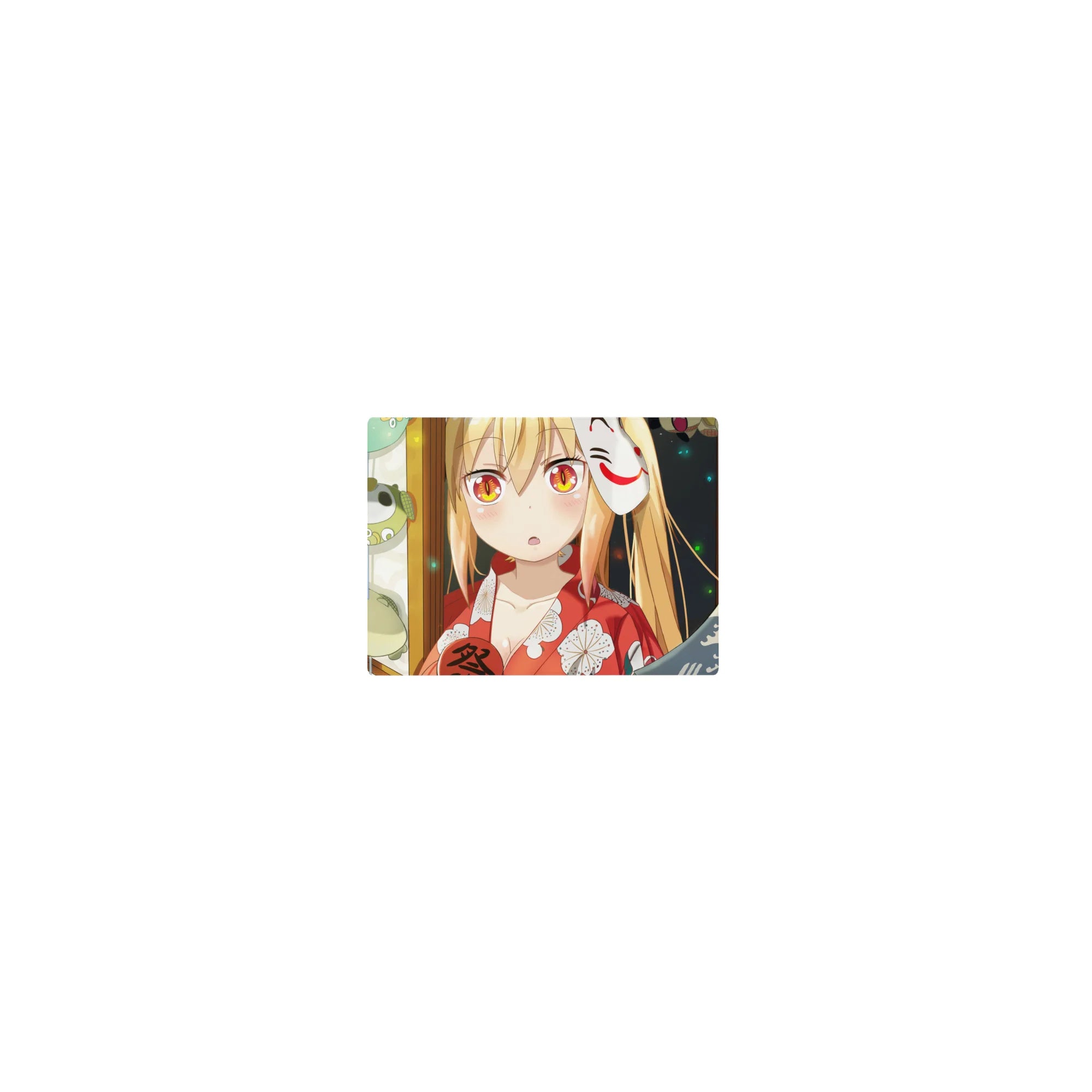 Classic anime girl mouse pad 14x10 inches with fox mask, lantern backdrop, and red festival banner.
