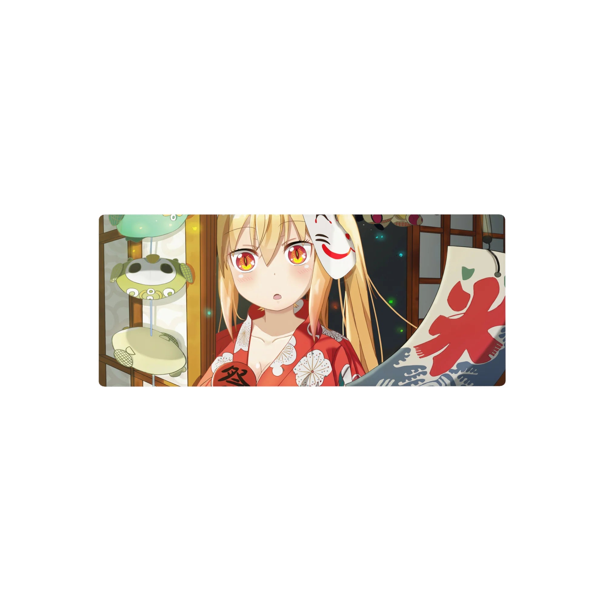 28x12 inches anime girl mouse pad with fox mask, festival lantern backdrop, red banner, and gold hair.