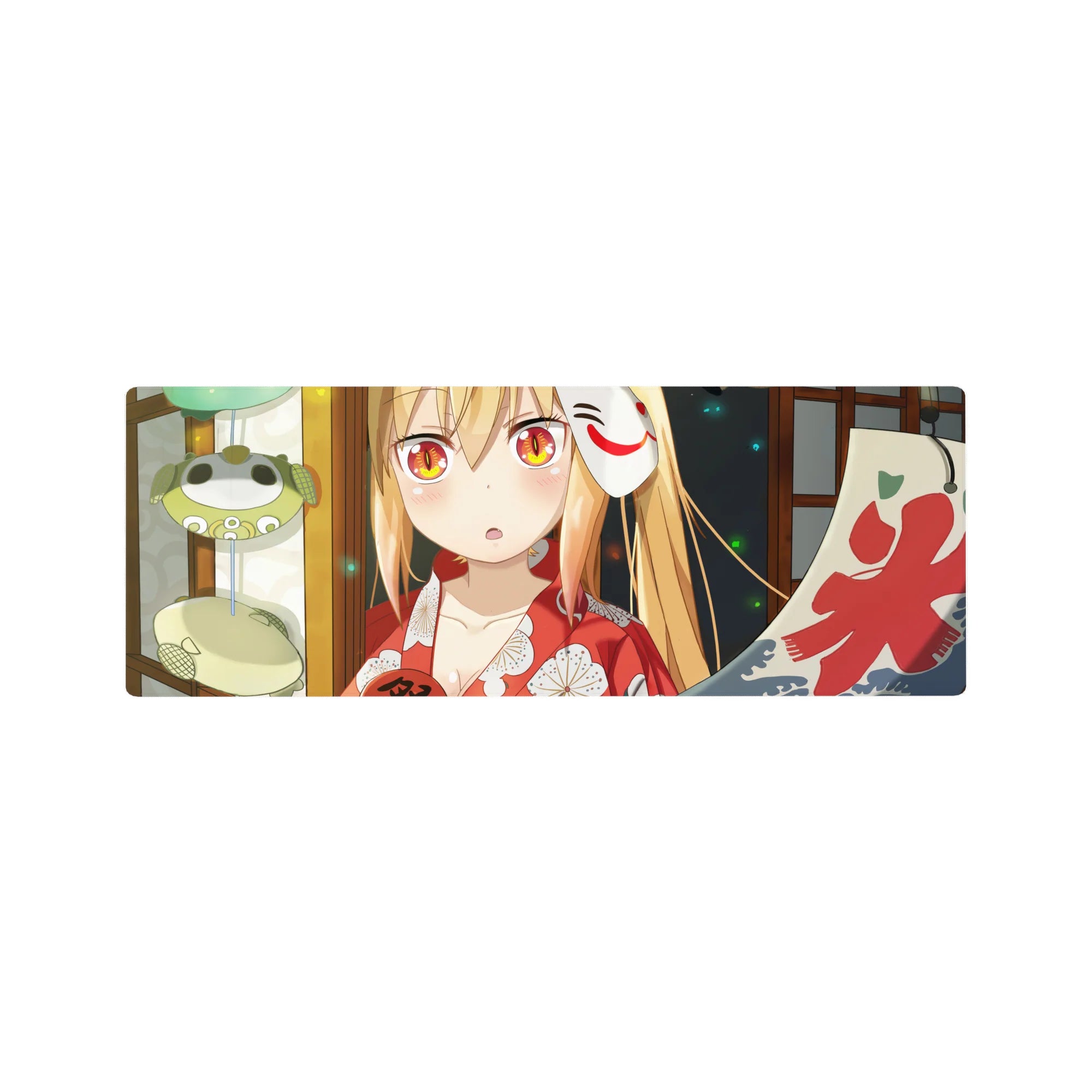 Summer festival anime girl mouse pad 32x12 inches with fox mask, lantern backdrop, and red banner.
