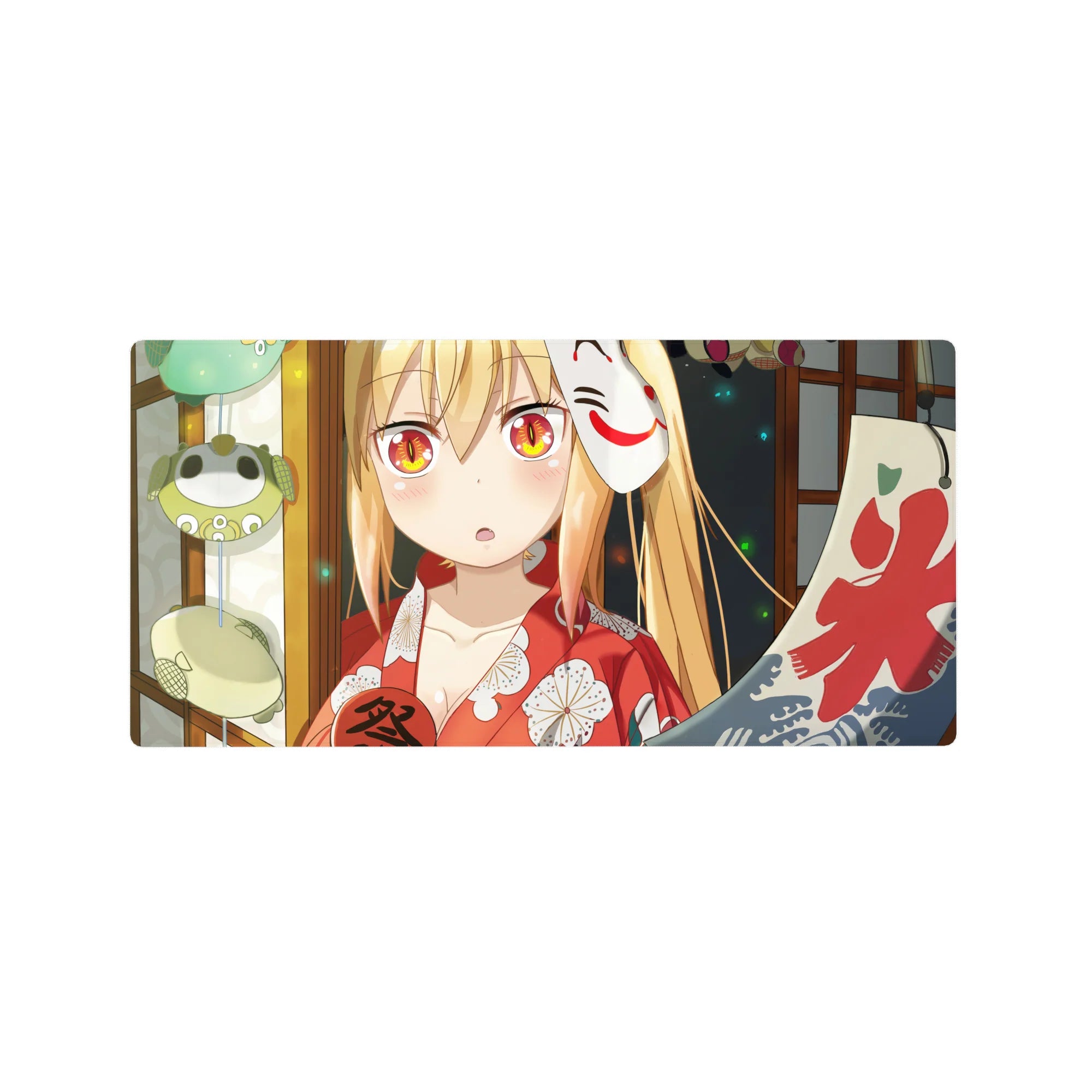 Anime girl mouse pad 32x16 inches with fox mask, lantern backdrop, red banner, and festival pattern.
