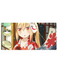 Anime girl mouse pad 32x16 inches with fox mask, lantern backdrop, red banner, and festival pattern.