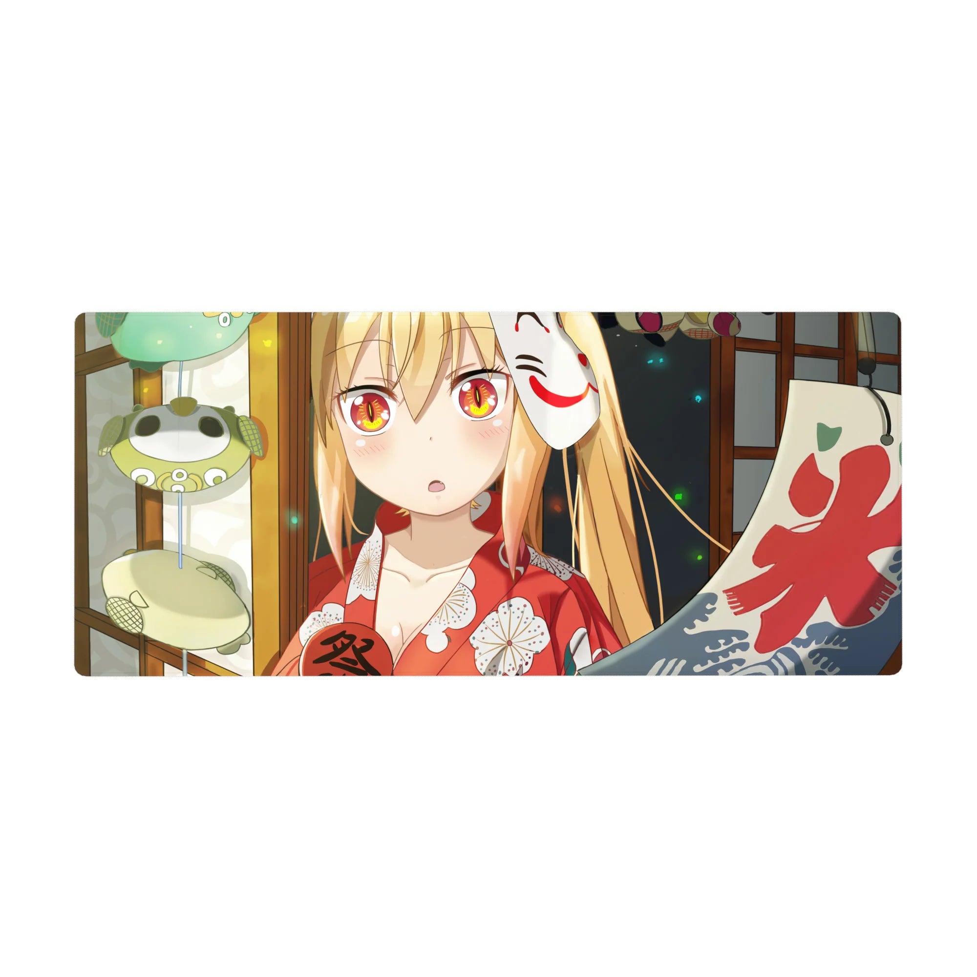 Anime girl festival desk pad 36x16 inches with fox mask, lantern backdrop, and red banner design.