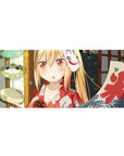 Anime girl festival desk pad 36x16 inches with fox mask, lantern backdrop, and red banner design.