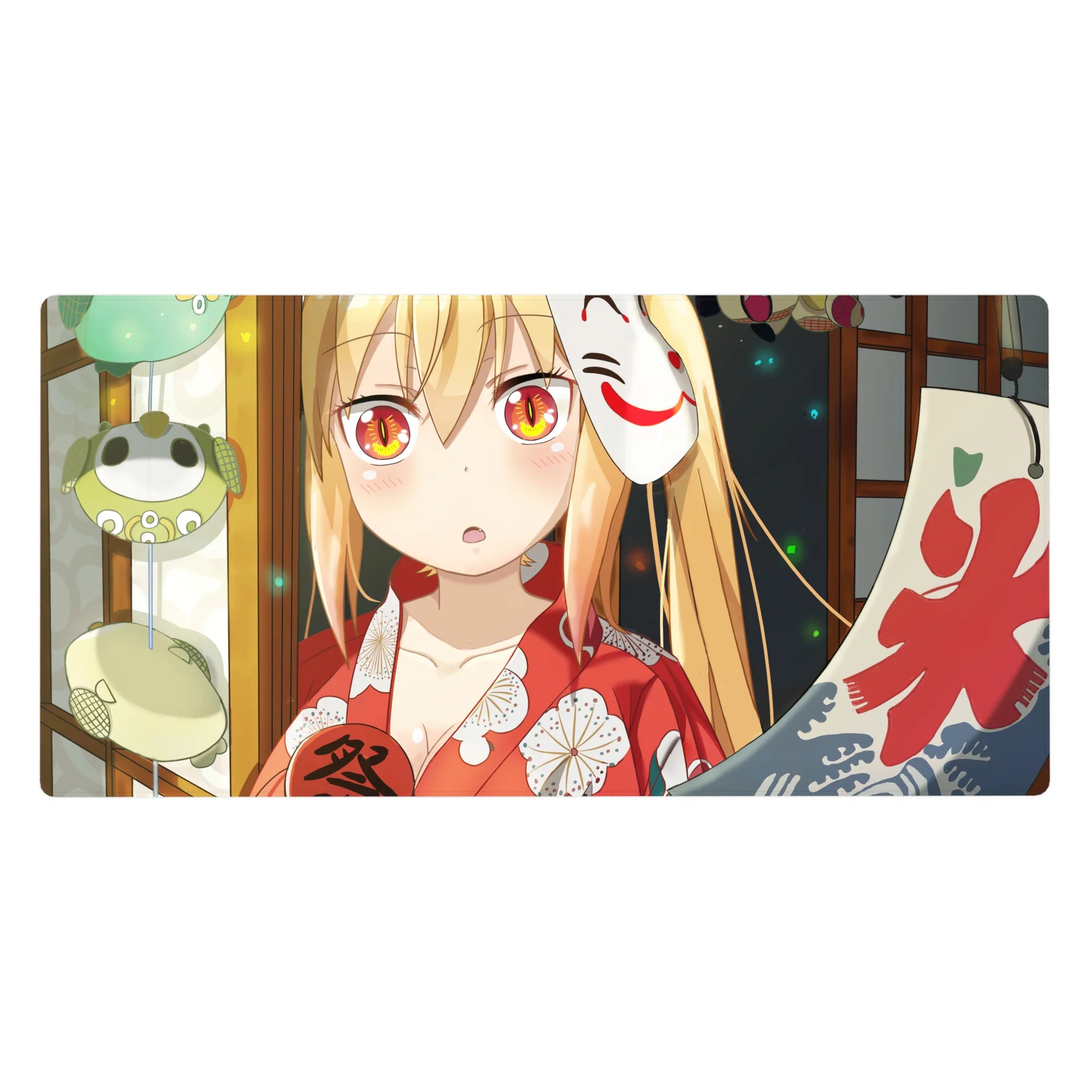Anime girl desk pad 40x20 inches with fox mask, festival lantern backdrop, and bold red banner.