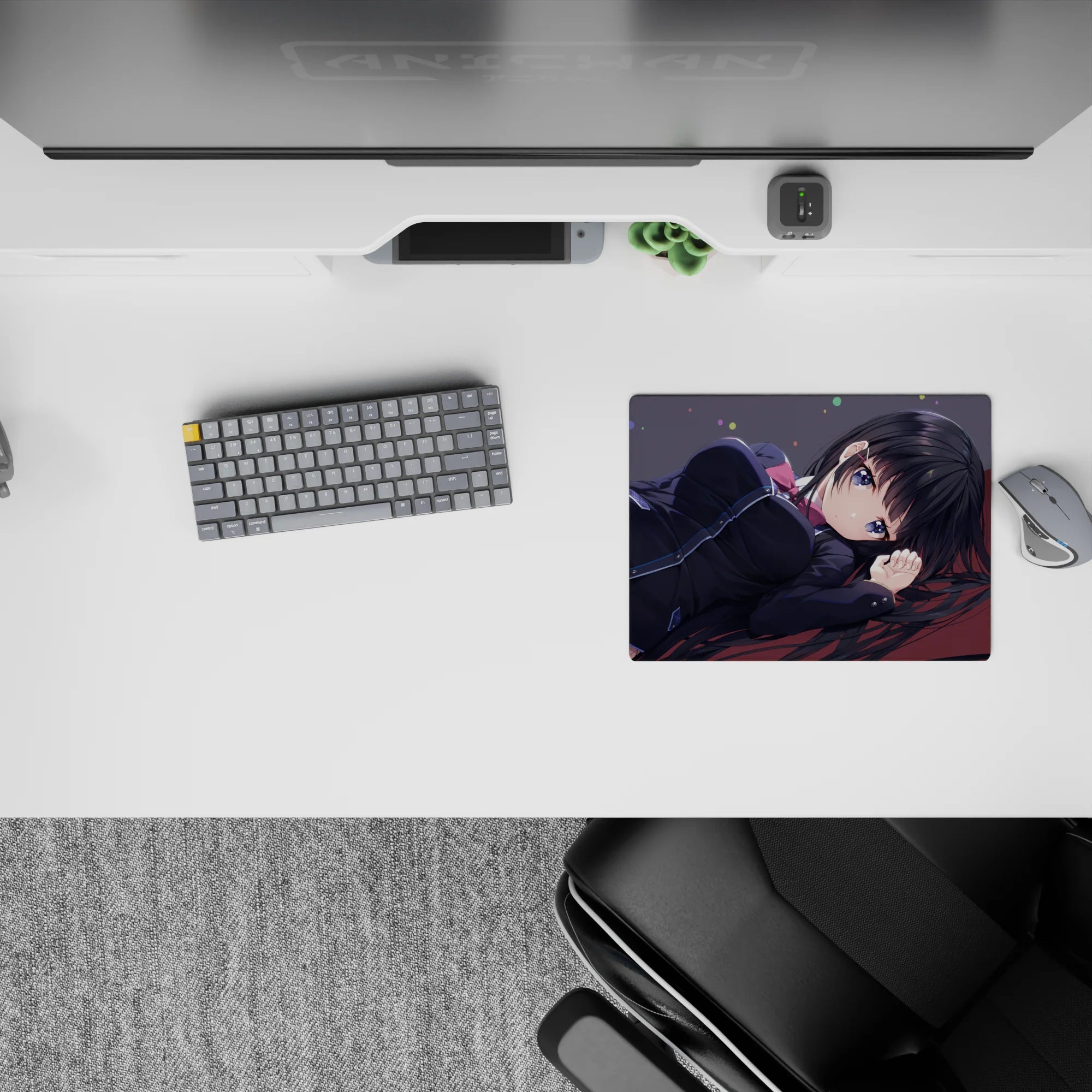 Midnight palette anime mouse pad 14x10 inches in charcoal and cool purples with soft, shy after-class vibe.
