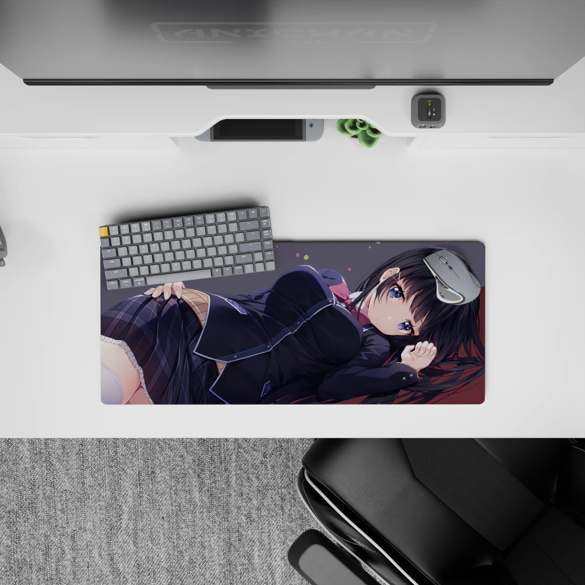 Midnight palette anime girl mouse pad 28x12 inches in deep charcoal and cool purples with confetti dots.