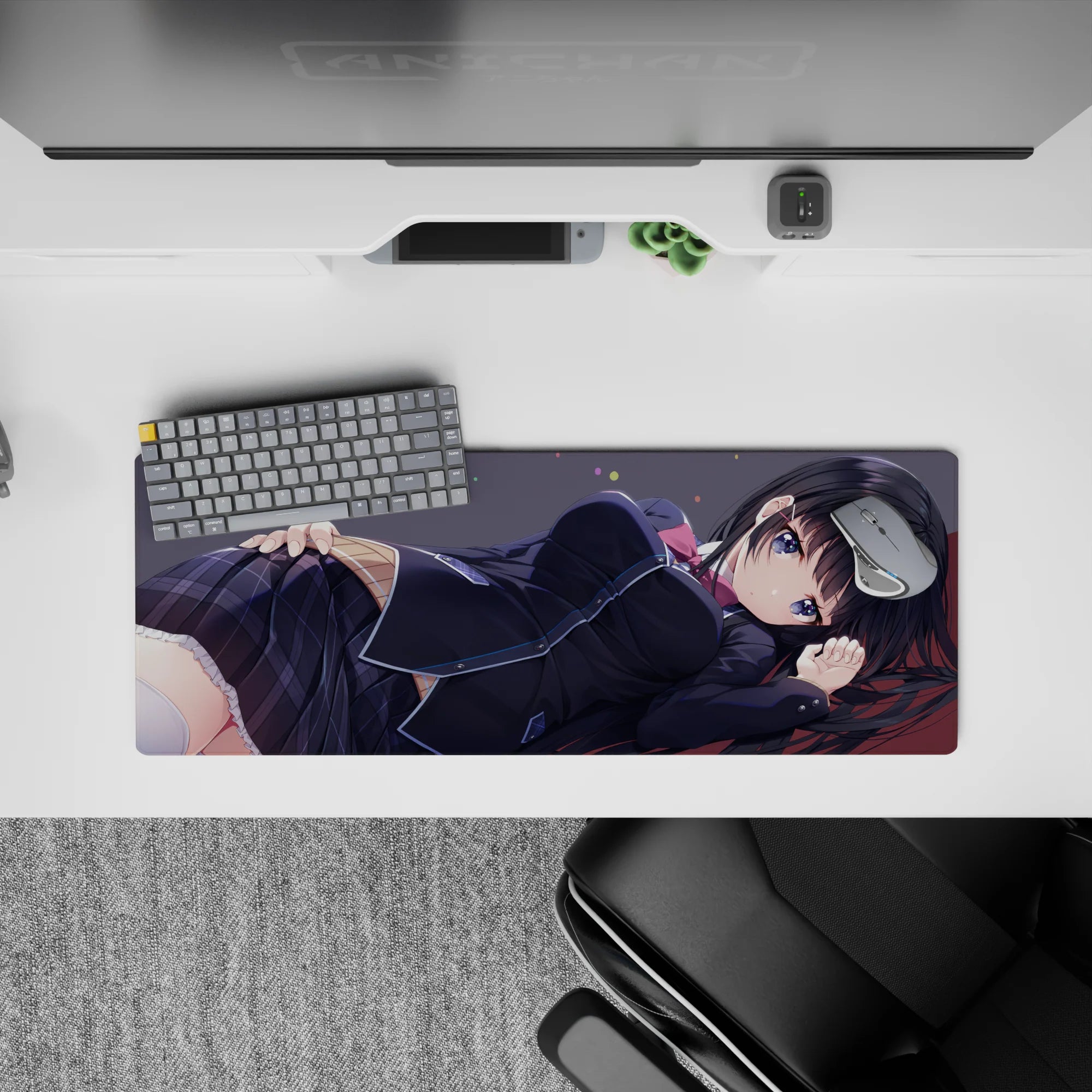32x12 inches anime girl mouse pad in midnight charcoal and cool purple tones with playful confetti dots.