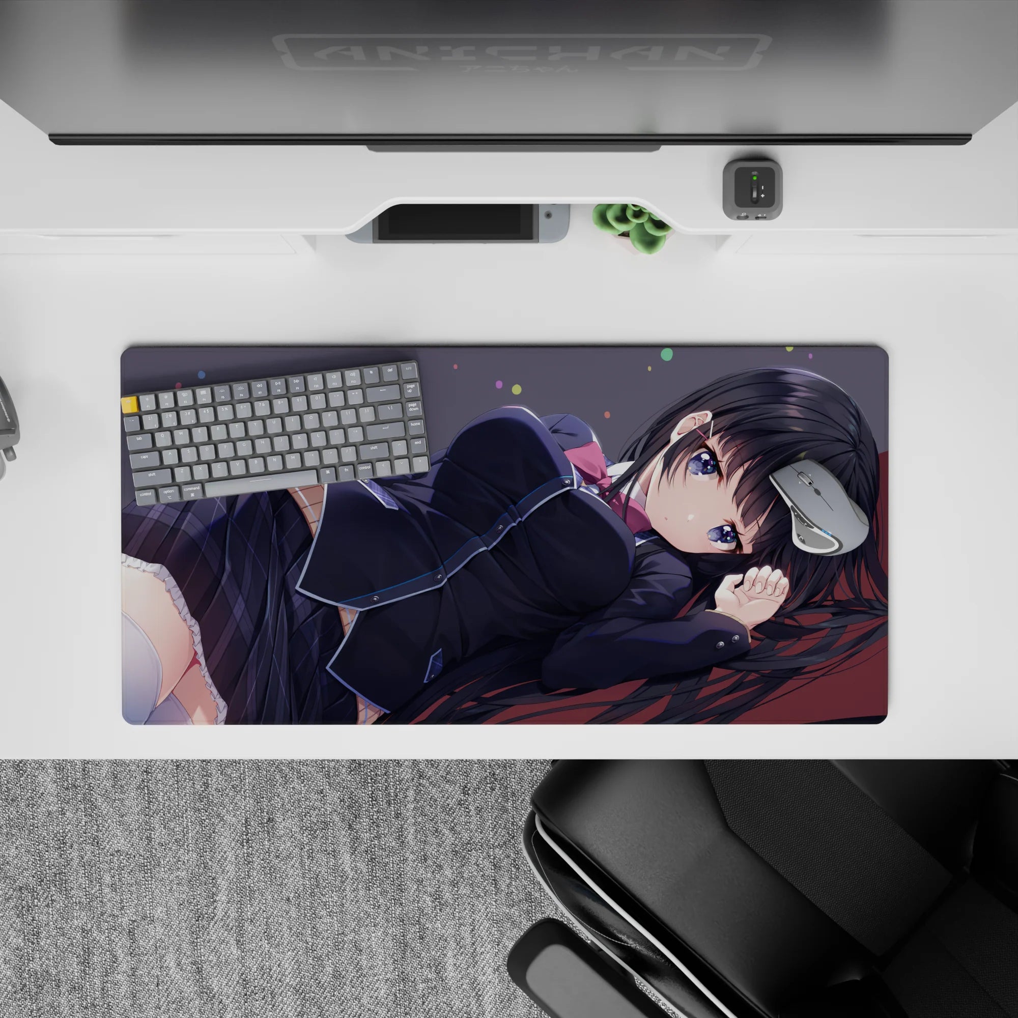 32x16 inches anime girl mouse pad in deep charcoal and cool purples with confetti dots, soft shy vibes.