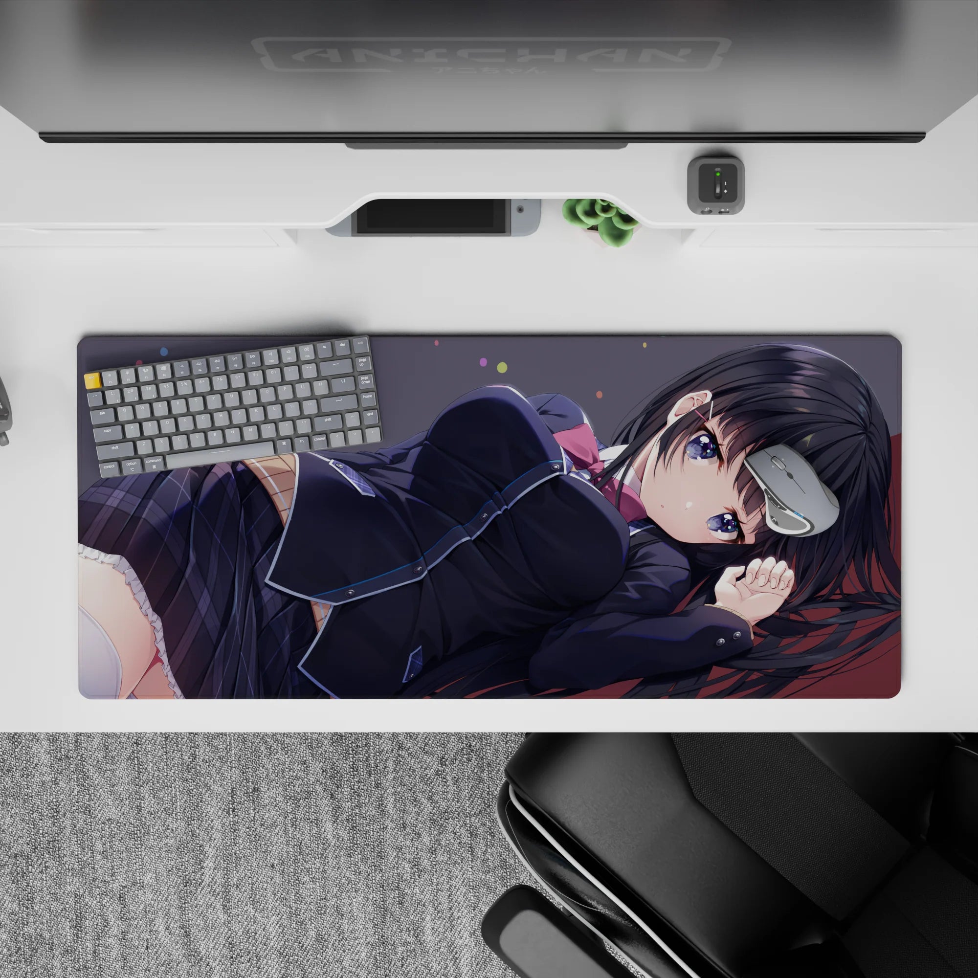 36x16 inches desk pad in deep charcoal and cool purples with shy midnight vibes and confetti dots.
