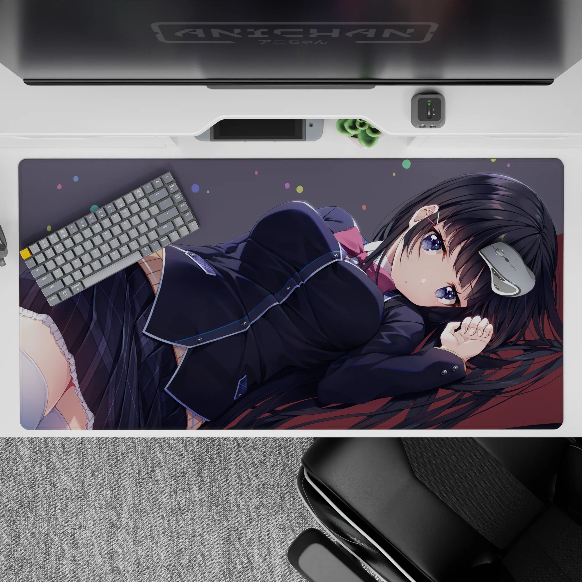 40x20 inches anime desk pad in deep charcoal and cool purples with confetti dots, soft shy vibe.