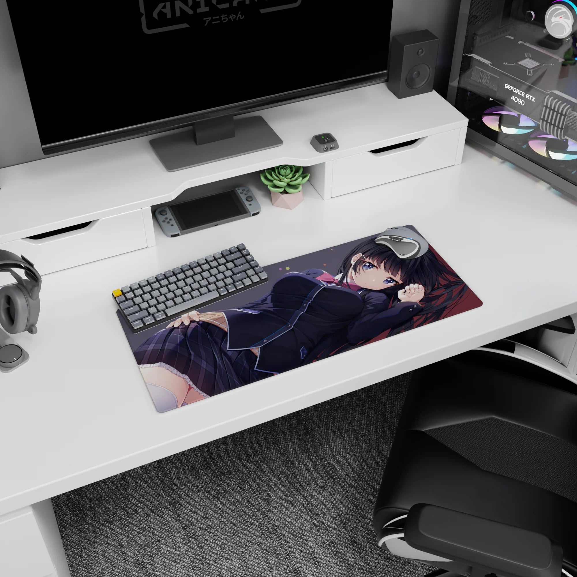 After-class daydream scene anime girl mouse pad 28x12 inches, shy schoolgirl resting by your desk.
