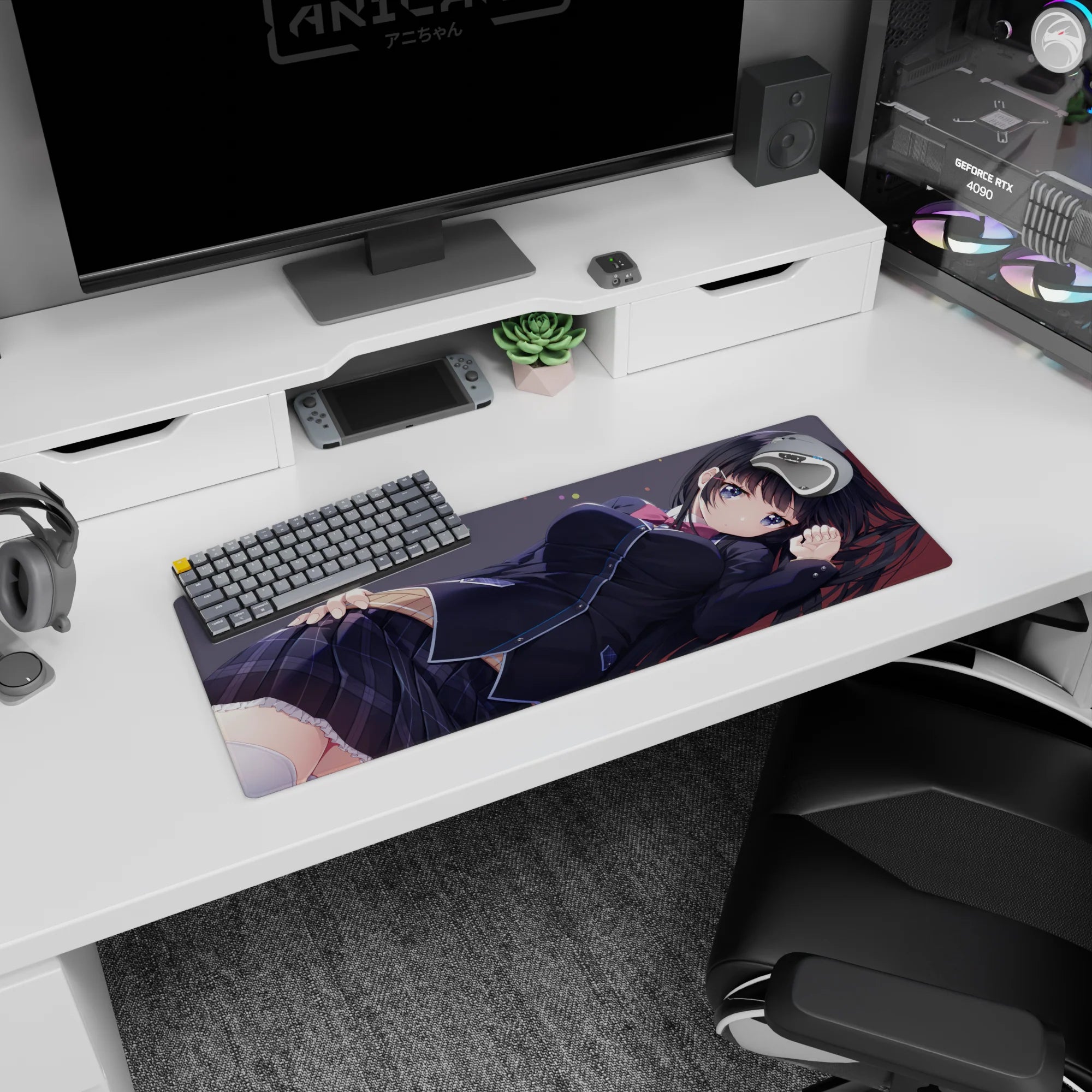 32x12 inches anime girl mouse pad showing a shy schoolgirl daydreaming after class, resting on your desk.