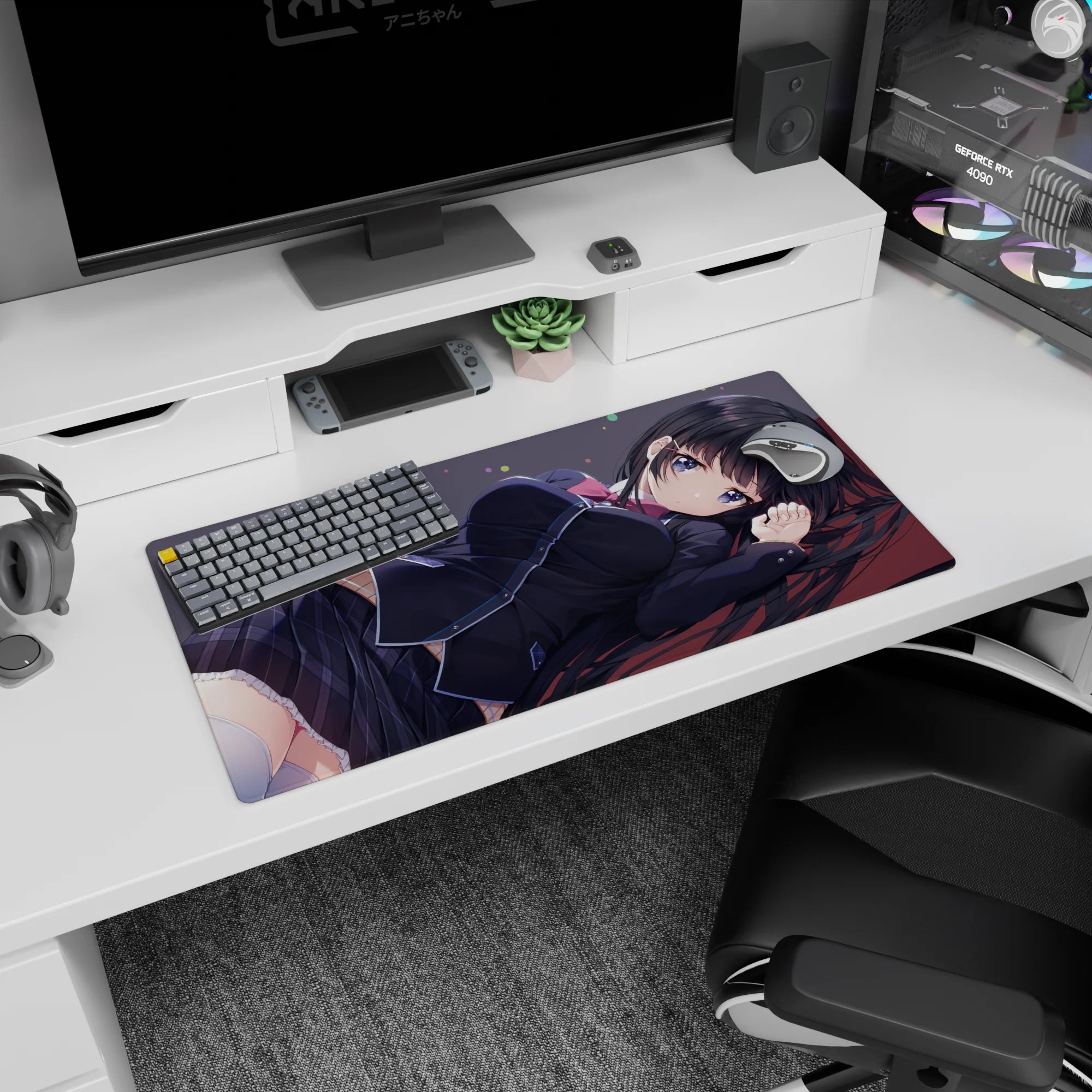 32x16 inches anime girl mouse pad featuring a shy schoolgirl lounging on a desk in an after-class daydream scene.