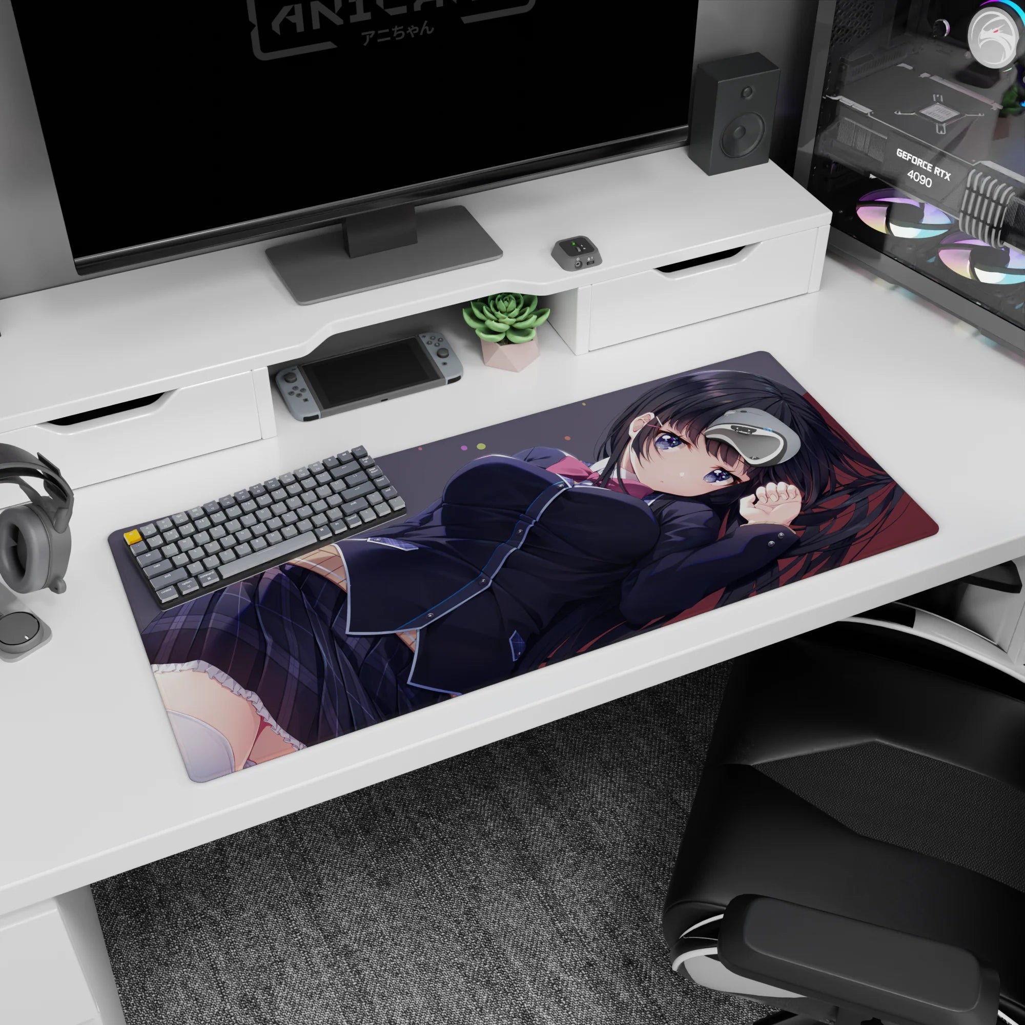 36x16 inches anime desk pad showing a shy schoolgirl daydreaming after class, resting on your desk.