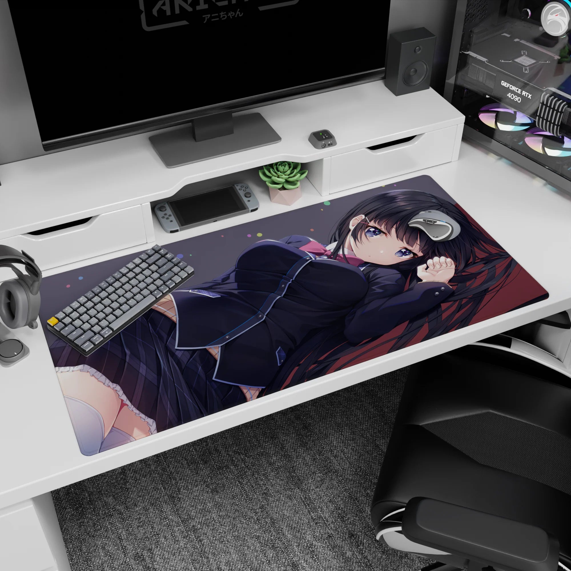 40x20 inches desk pad showing a shy schoolgirl lounging after class on a desk, violet-eyed anime art.