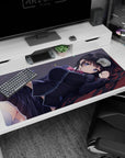 40x20 inches desk pad showing a shy schoolgirl lounging after class on a desk, violet-eyed anime art.