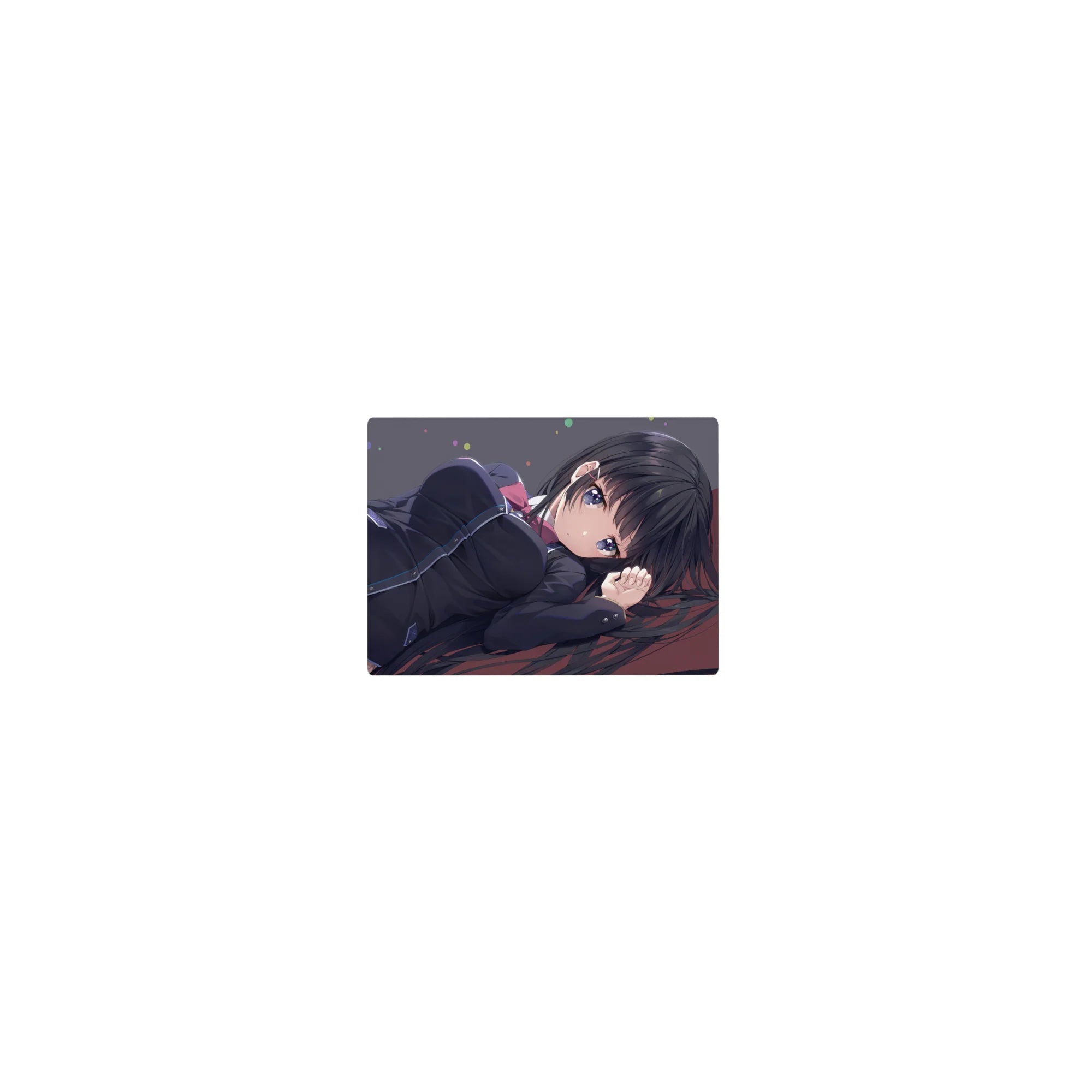 Classic anime girl mouse pad 14x10 inches, long black hair, violet eyes, sleek school uniform, confetti dots.