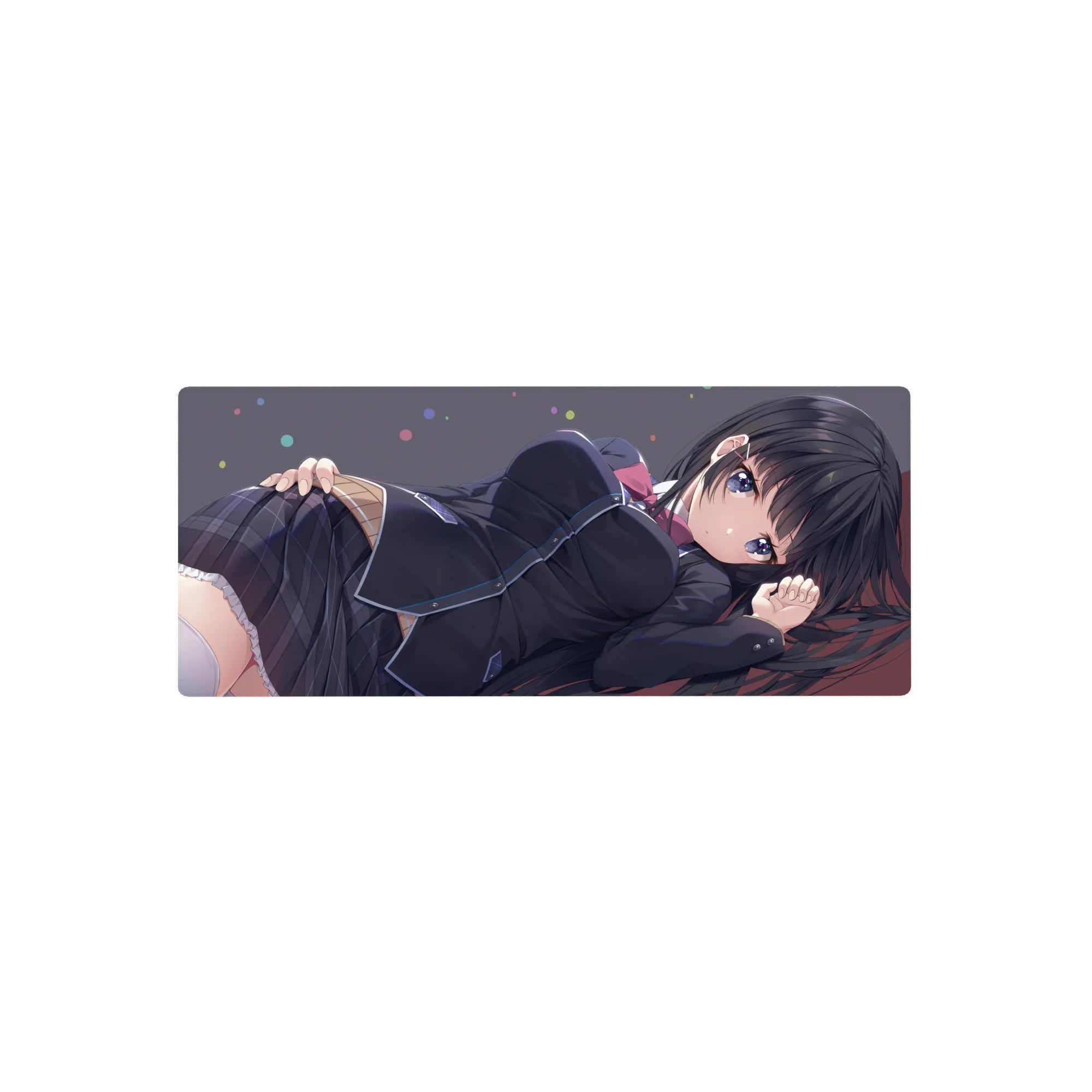 Anime girl mouse pad 28x12 inches with long black hair, violet eyes, and sleek school uniform design.
