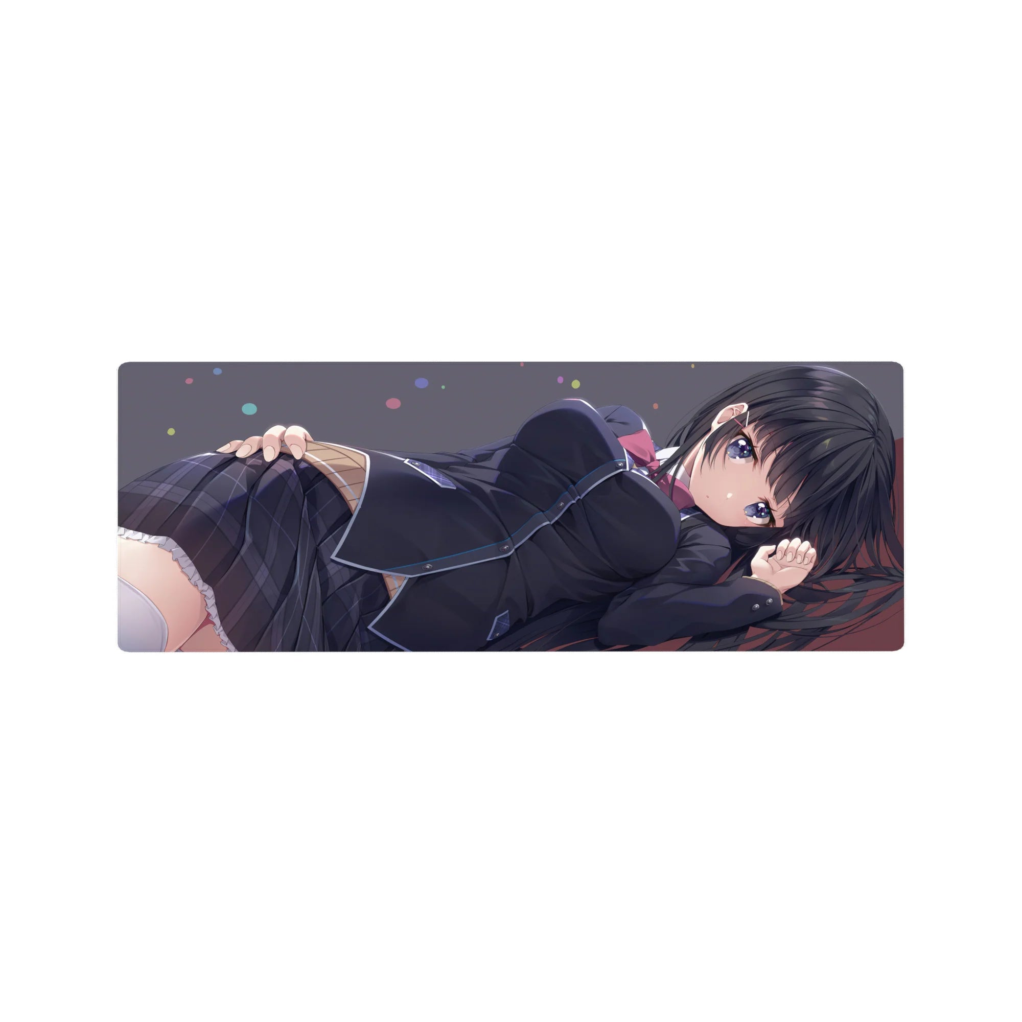 32x12 inches anime girl mouse pad with long black hair, violet eyes, and sleek school uniform design.