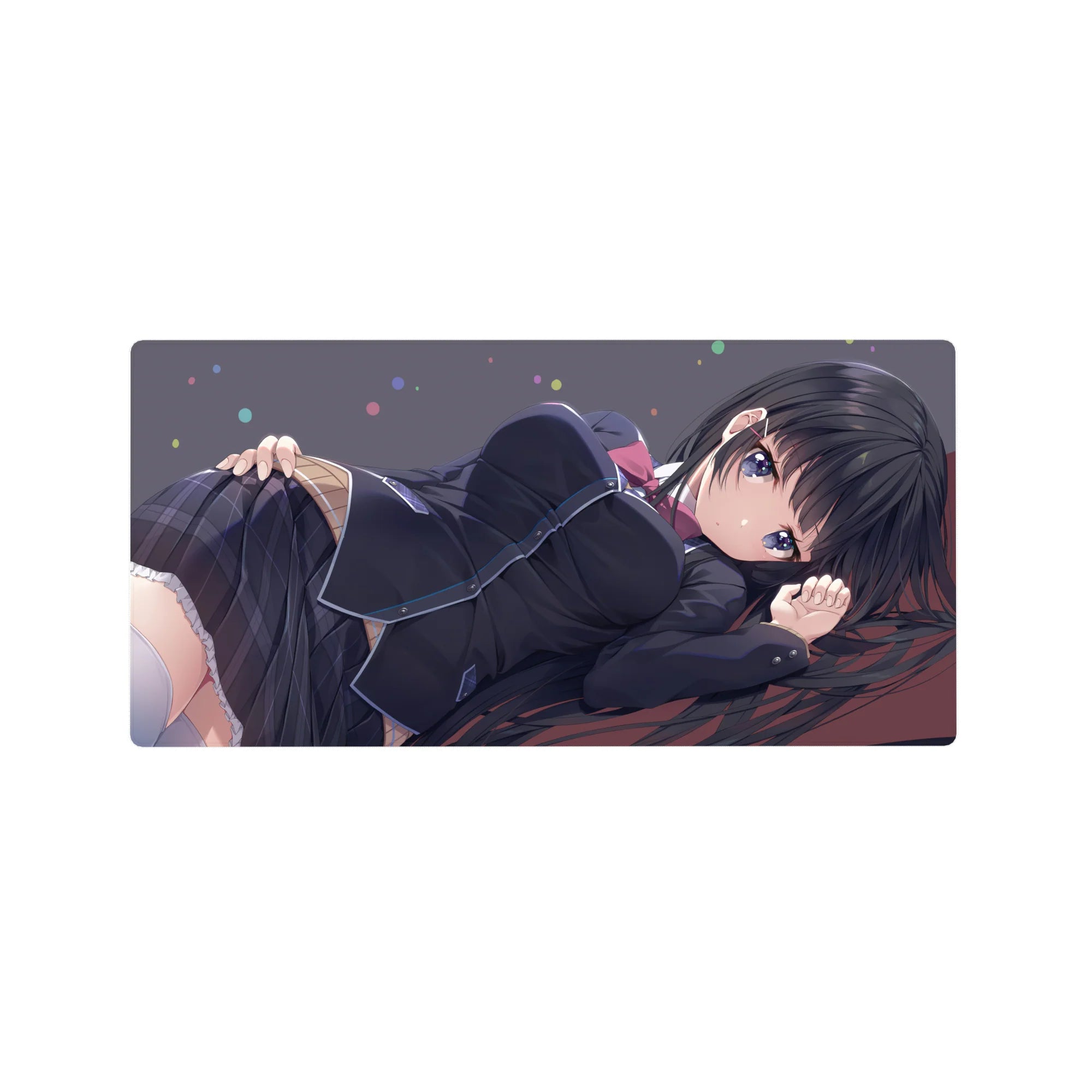 32x16 inches anime girl mouse pad with long black hair, violet eyes, and a sleek school uniform design.
