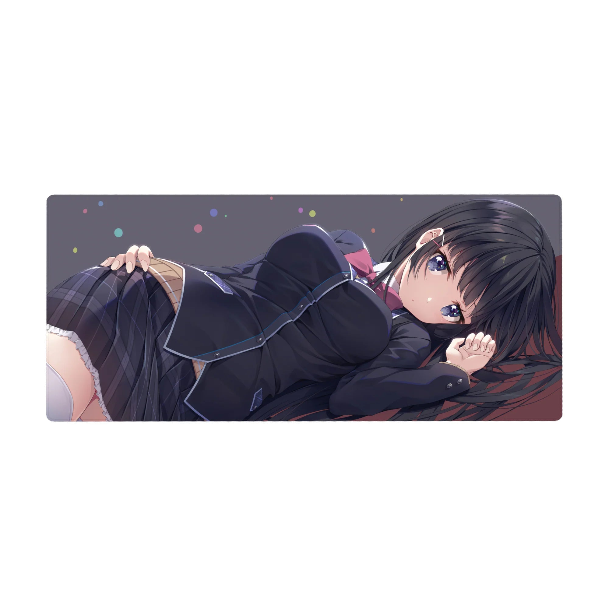 36x16 inches anime girl desk pad with long black hair, violet eyes, and sleek school uniform.